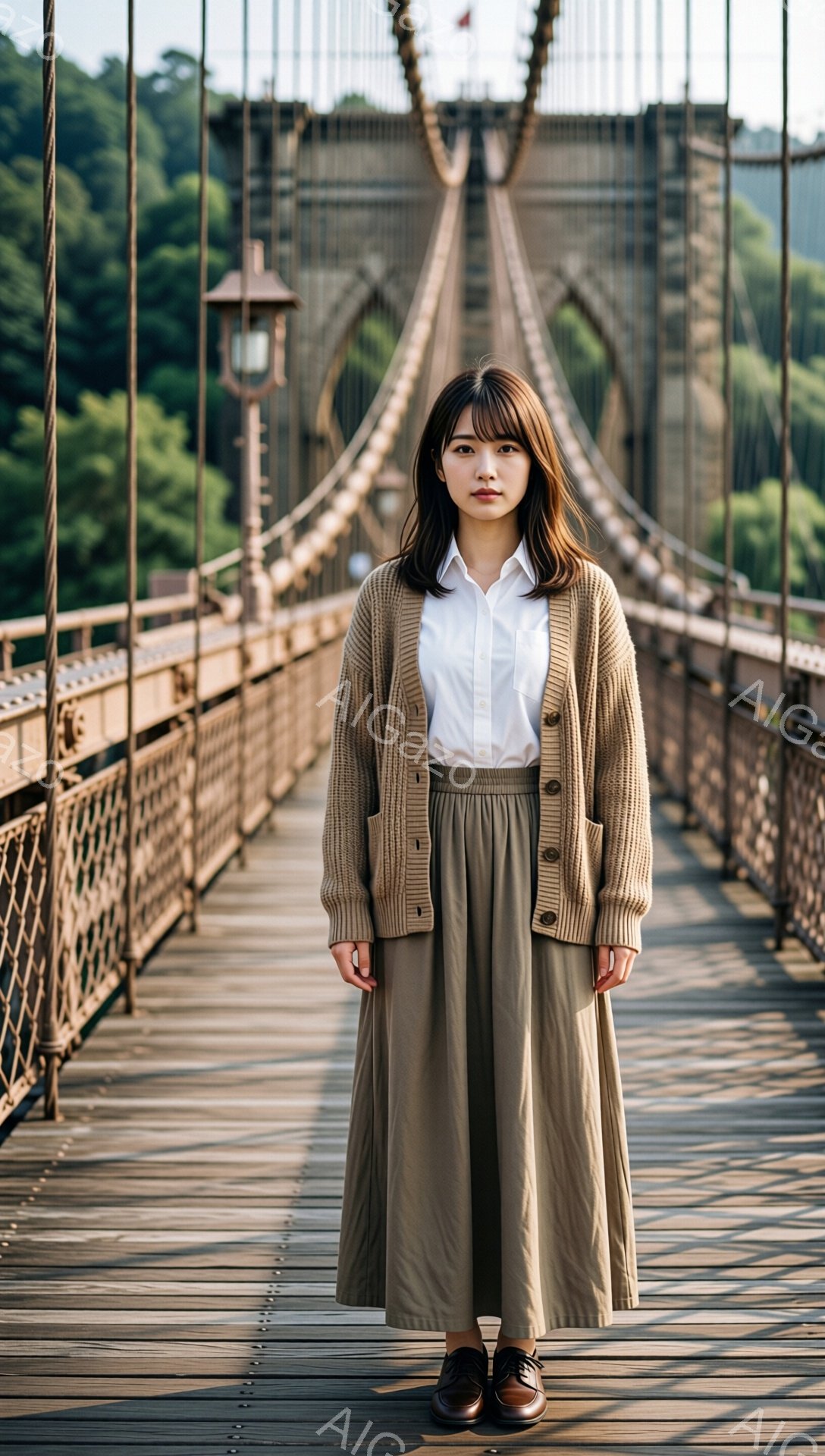 明るい茶色のカーディガンに白いシャツ、そしてベージュのロングスカートを着用した女性が、木製の吊り橋の中央に立っている。彼女は前髪を下ろしたショートボブヘアで、表情は穏やかでやや物憂げだ。背景には緑豊かな自然と吊り橋の金属構造が見え、全体的に落ち着いた雰囲気が漂っている。