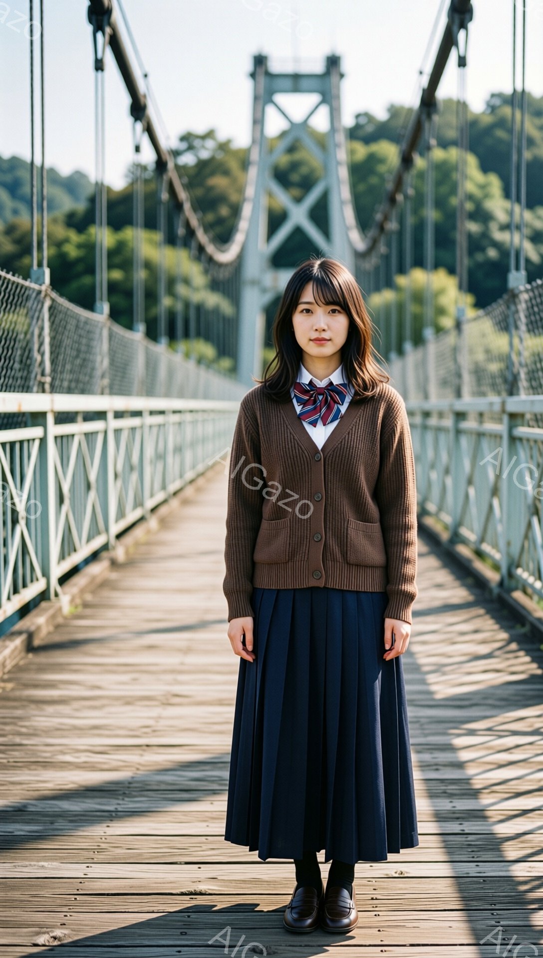 画像には、制服を着た若い女性が木製の吊り橋の中央に立っている様子が写っています。彼女は茶色のカーディガン、白いシャツ、ネクタイ、濃い青色のプリーツスカートを着用し、黒い靴を履いています。背景には緑豊かな木々があり、吊り橋の金属構造が空に向かって伸びています。
