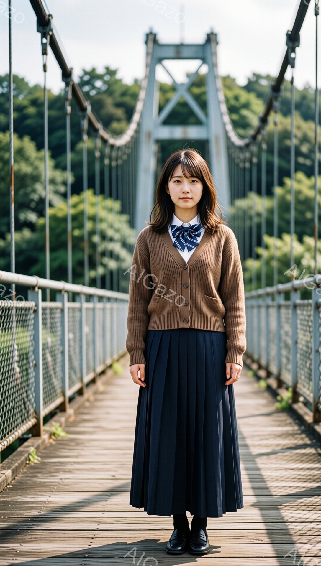 画像には、制服を着た若い女性が描かれています。彼女はベージュのカーディガン、白いシャツ、濃い青色のプリーツスカート、黒い靴を着用し、髪を肩までの長さで切りそろえ、前髪を少し残しています。背景には、木々の緑と金属製の吊り橋が広がっており、晴天の下、静かで穏やかな雰囲気が漂っています。