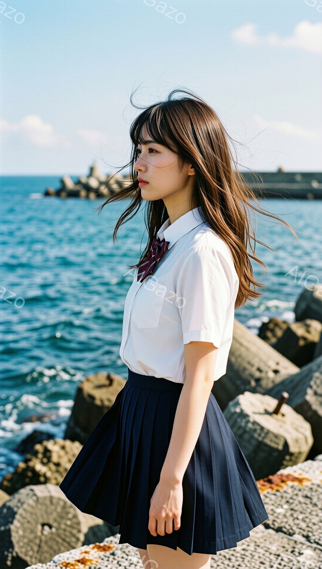 海を背景に、制服を着た若い女性が横を向いて立っている。白いシャツに濃い青色のプリーツスカート、赤いネクタイが特徴的で、髪は肩にかかるくらいの長さで、少し風になびいている。背景には、岩場と青い海が広がり、晴れた日の穏やかな雰囲気が漂っている。