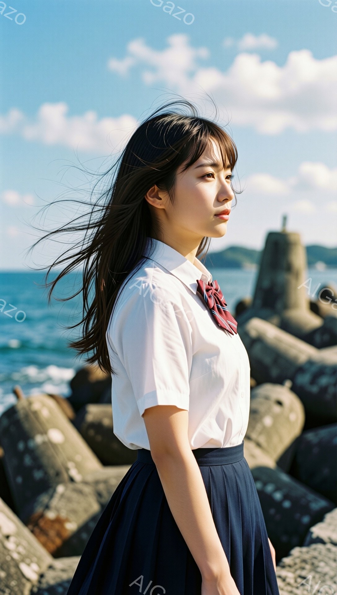 黒髪の女性が、白いシャツと濃い青色のスカート、そして赤いネクタイを身につけて、海沿いの防波堤のそばに立っている。彼女は横を向いており、少し憂いを帯びた表情で遠くを見つめている。背景には青い空と海、そして打ち寄せる波が見え、風が彼女の髪をなびかせている。