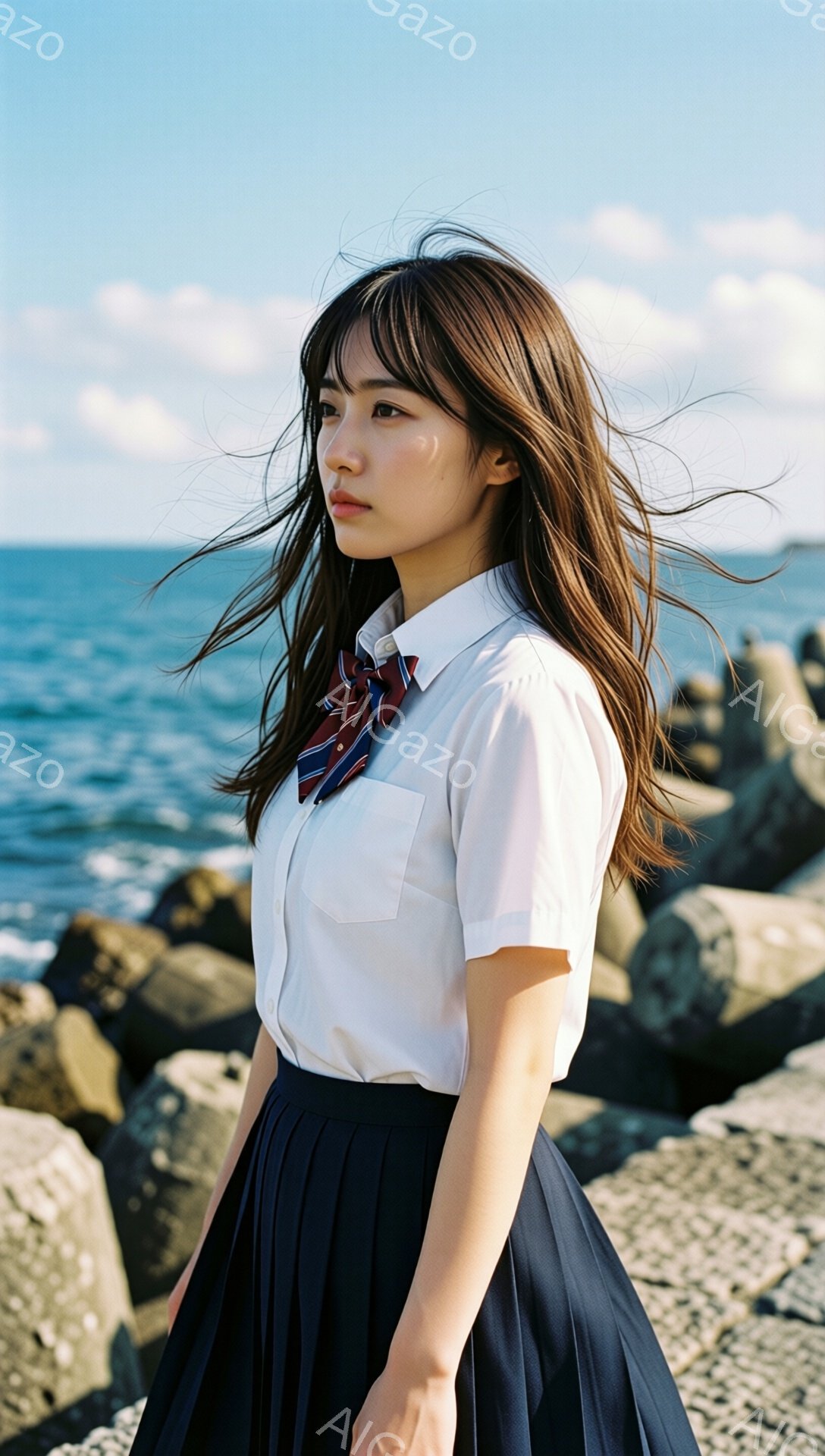 長い茶色の髪が風になびき、白いシャツと紺色のプリーツスカートを着た若い女性が写っている。彼女は横顔で、少し憂いを帯びた表情で遠くを見つめている。背景には、荒々しい岩場と青い海が広がり、晴れた空が広がっている。