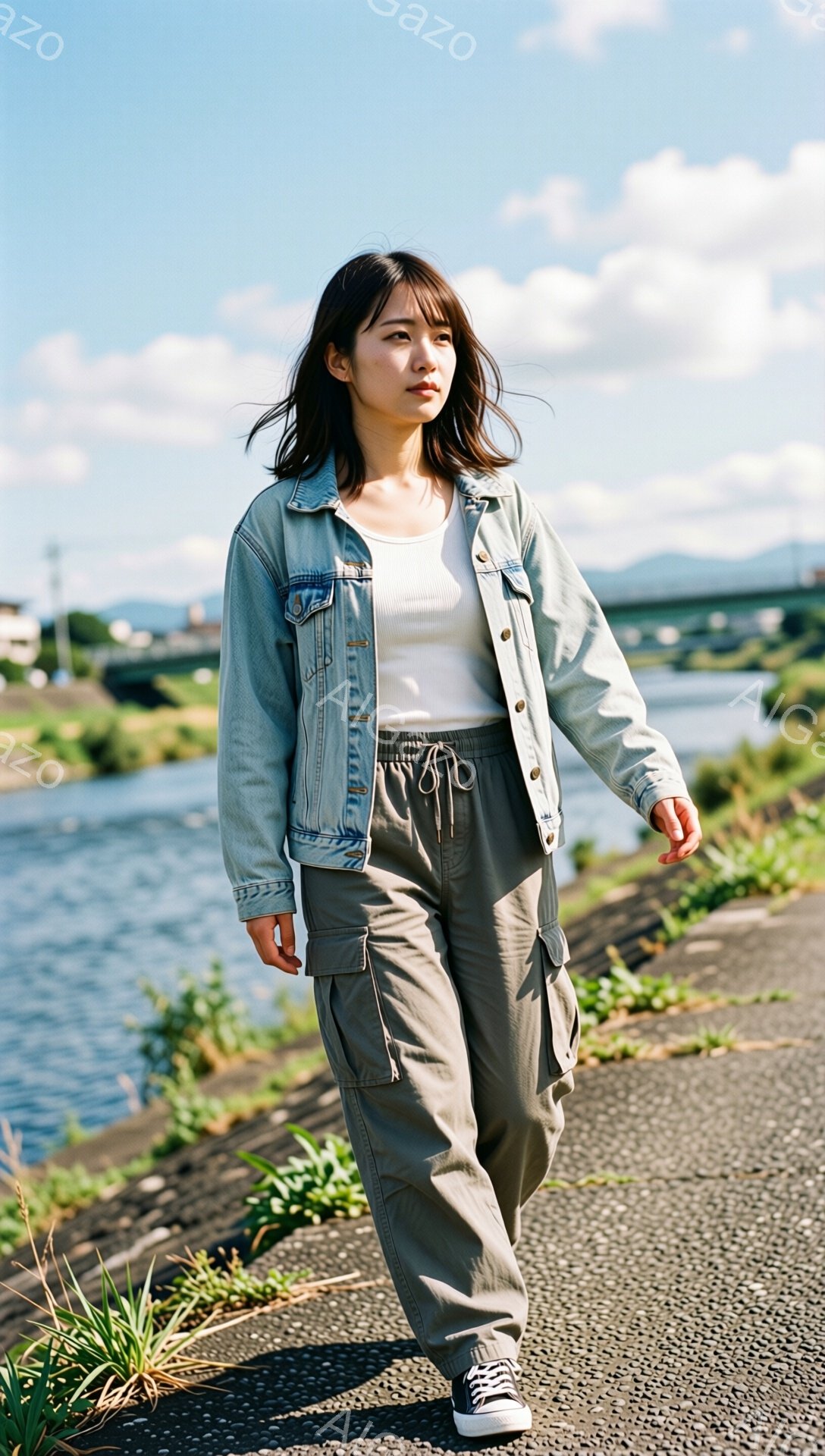 若い女性が河川敷の道を歩いている。彼女は白いタンクトップに、薄い色のデニムジャケット、カーキ色のカーゴパンツ、そして黒のスニーカーを着用し、髪は肩にかかる長さで少し無造作にまとめられている。背景には川、緑の草地、そして遠くに見える建物や山々が広がり、晴れた空の下、リラックスした雰囲気が漂っている。