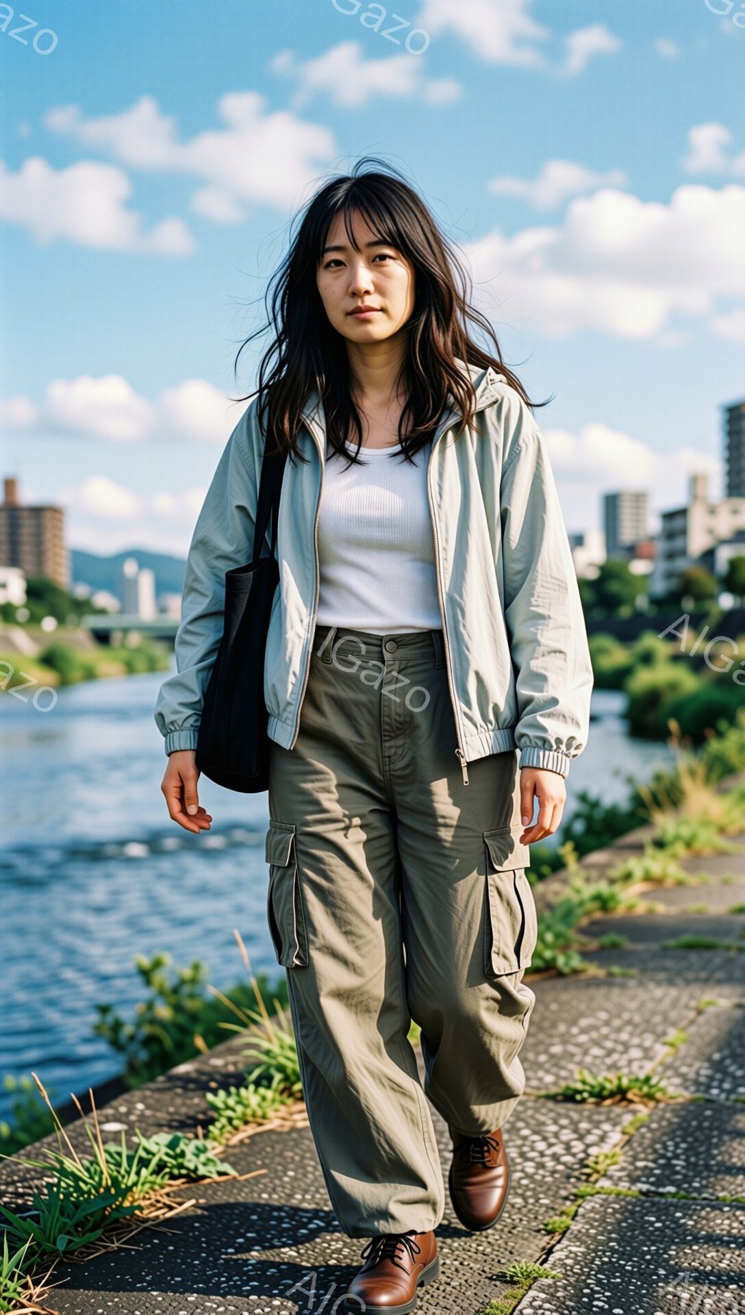 長いダークブラウンの髪を無造作に肩にかけた女性が、コンクリートの道を進んでいく様子が写っている。ベージュのジャケットにカーキ色のカーゴパンツ、そして茶色の靴というカジュアルな服装で、表情は穏やかで少し - AI生成フリー素材