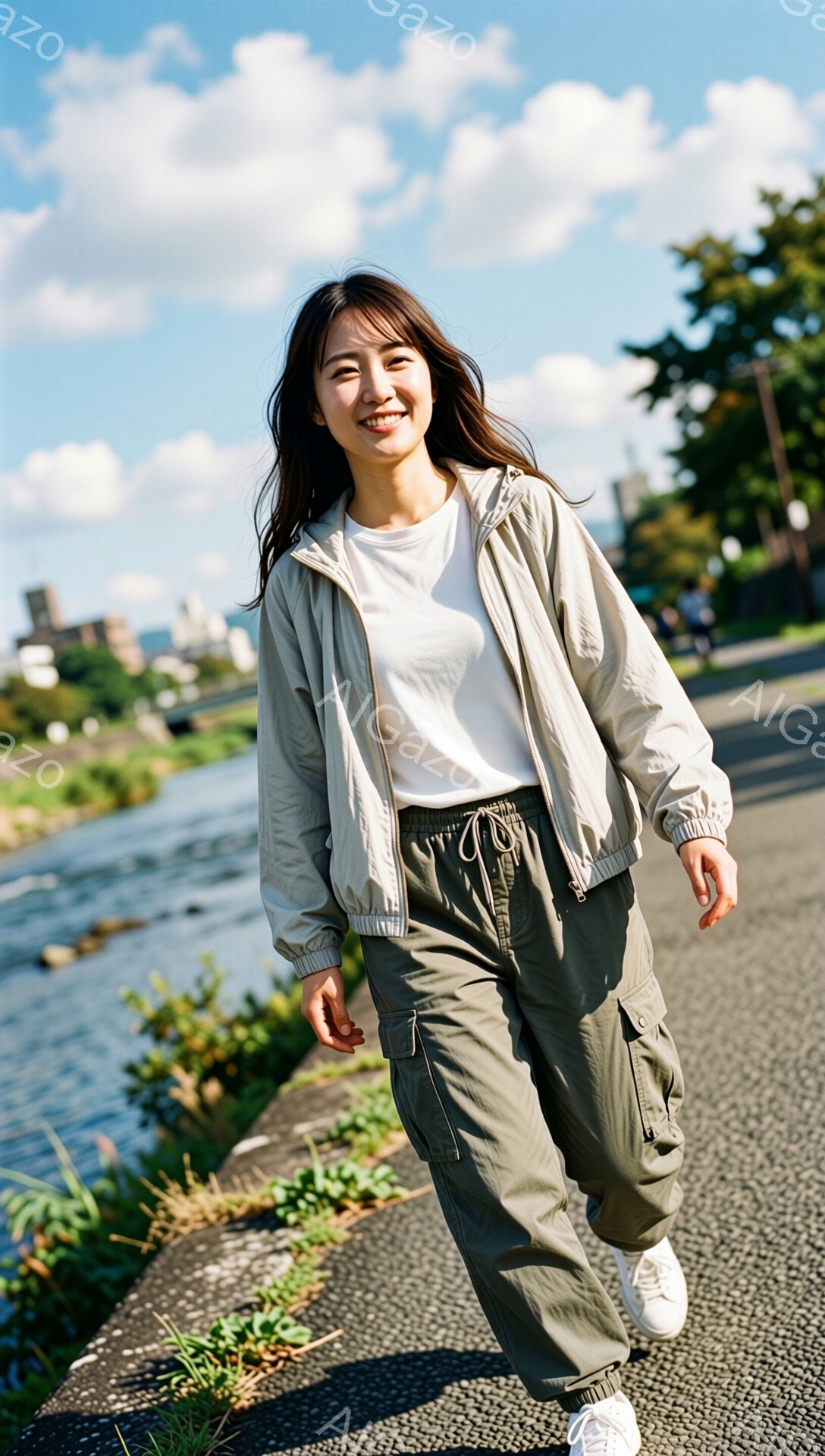 若い女性が遊歩道を歩いている写真です。彼女は白いTシャツに、カーキ色のゆったりとしたパンツと薄いグレーのジャケットを着ており、髪は肩までの長さで少しカールがかかっています。彼女は笑顔で、リラックスした雰囲気で歩いており、背景には川と緑豊かな植物、そして遠くに見える建物群が広がっています。