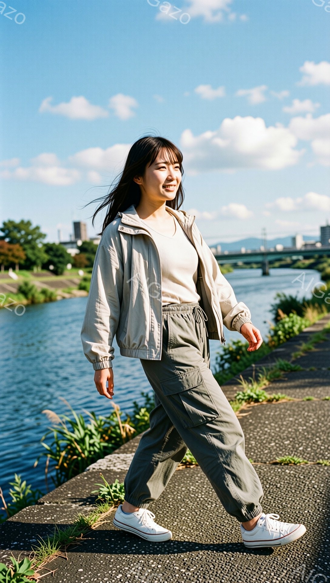 若い女性がコンクリートの道沿いを歩いている様子が写っている。ベージュ色のジャケットとオリーブグリーンのカーゴパンツ、白いスニーカーを身に着け、髪は肩まで伸びて少しウェーブがかかっている。背景には川、緑豊かな草地、そして遠くの建物と山々が見え、晴天で穏やかな雰囲気が漂っている。