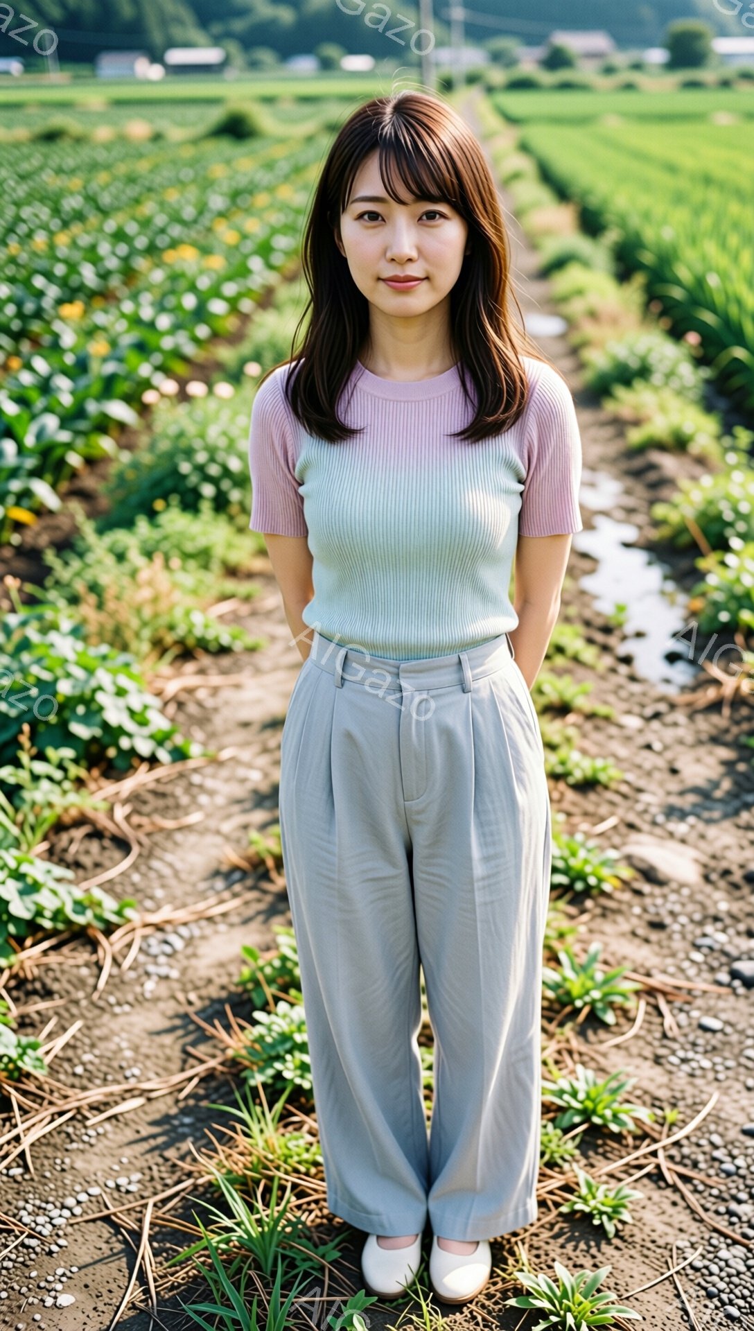 画像には、畑の中央に立つ若い女性が写っています。彼女は、ピンクと緑のグラデーションのニットと、灰色のワイドレッグパンツ、白い靴を身に着けており、髪は肩にかかる長さで、前髪は眉毛の下で切り揃えられています。彼女は穏やかな表情でカメラを見つめており、背景には緑豊かな畑と、遠くに見える建物が広がっています。