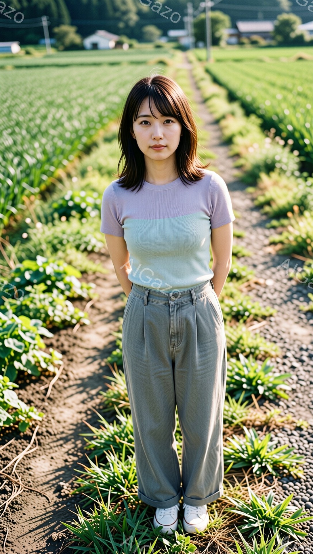 若い女性が畑の中を歩いている様子が写っている。彼女は、薄い紫と緑のストライプのニットと、ゆったりとした灰色のズボン、白いスニーカーを着用し、自然な笑顔を浮かべている。背景には緑豊かな畑が広がり、遠くに建物が見え、穏やかな日差しの下、リラックスした雰囲気が漂っている。