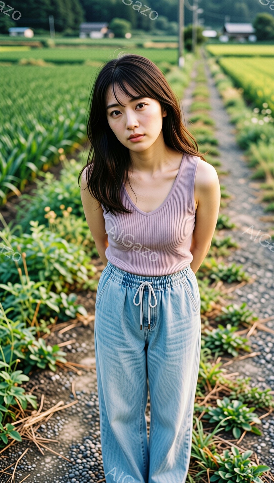 長い黒髪を無造作に垂らし、薄いピンク色のタンクトップと水色のルーズフィットのパンツを着た若い女性が写っている。彼女は少し眉間にしわを寄せ、やや憂いを含んだ表情で正面を見つめている。背景には緑豊かな畑が広がり、細い道が奥へと続いている。