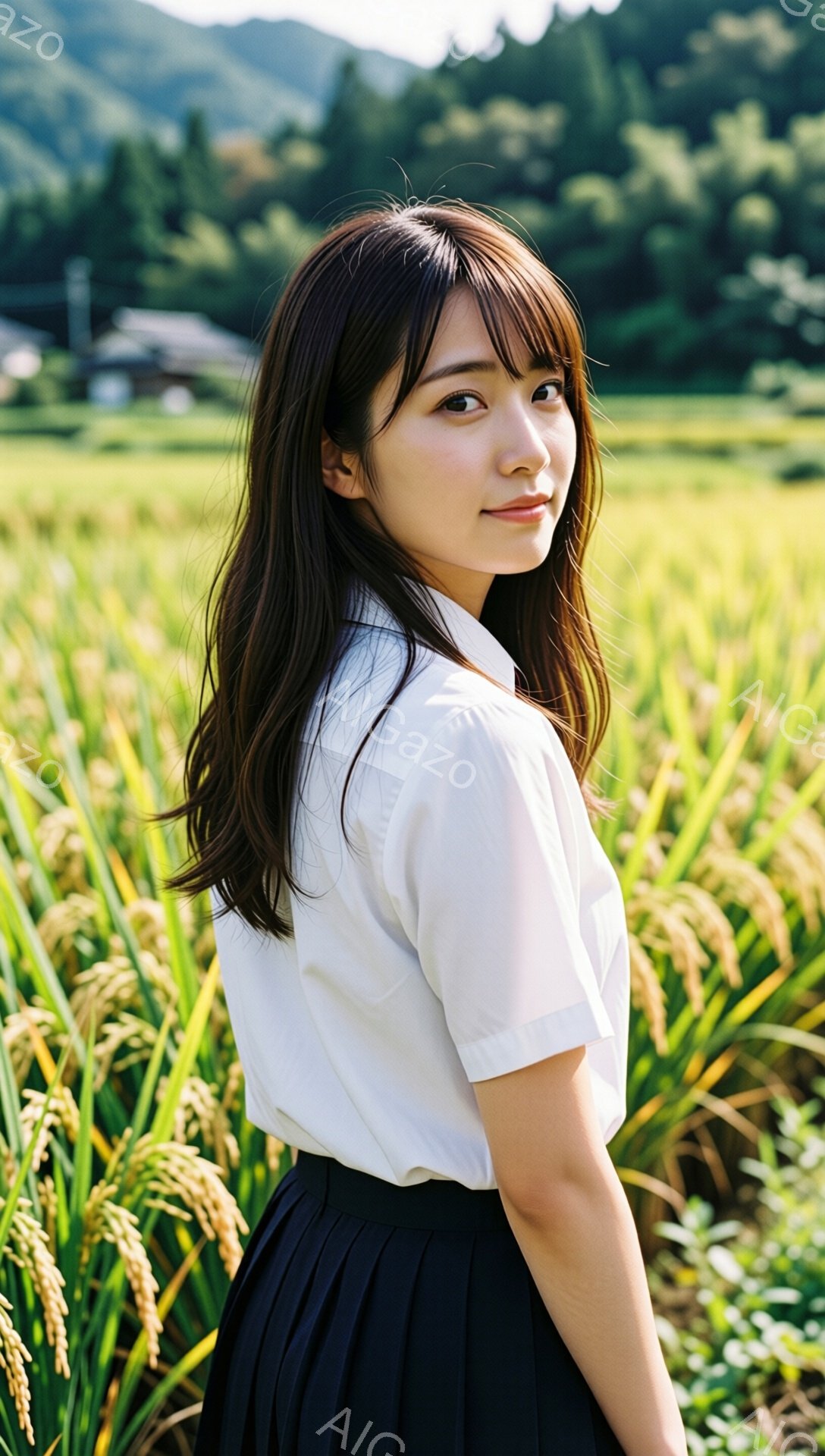 彼女は黄金色の稲穂が広がる田んぼの中で、白いシャツと黒いプリーツスカートを身につけて立っている。少し振り返り、穏やかな微笑みを浮かべ、長い黒髪は肩にかかっている。背景には緑豊かな山々と、日本の伝統的な家屋が見え、晴れた日の穏やかな雰囲気を醸し出している。
