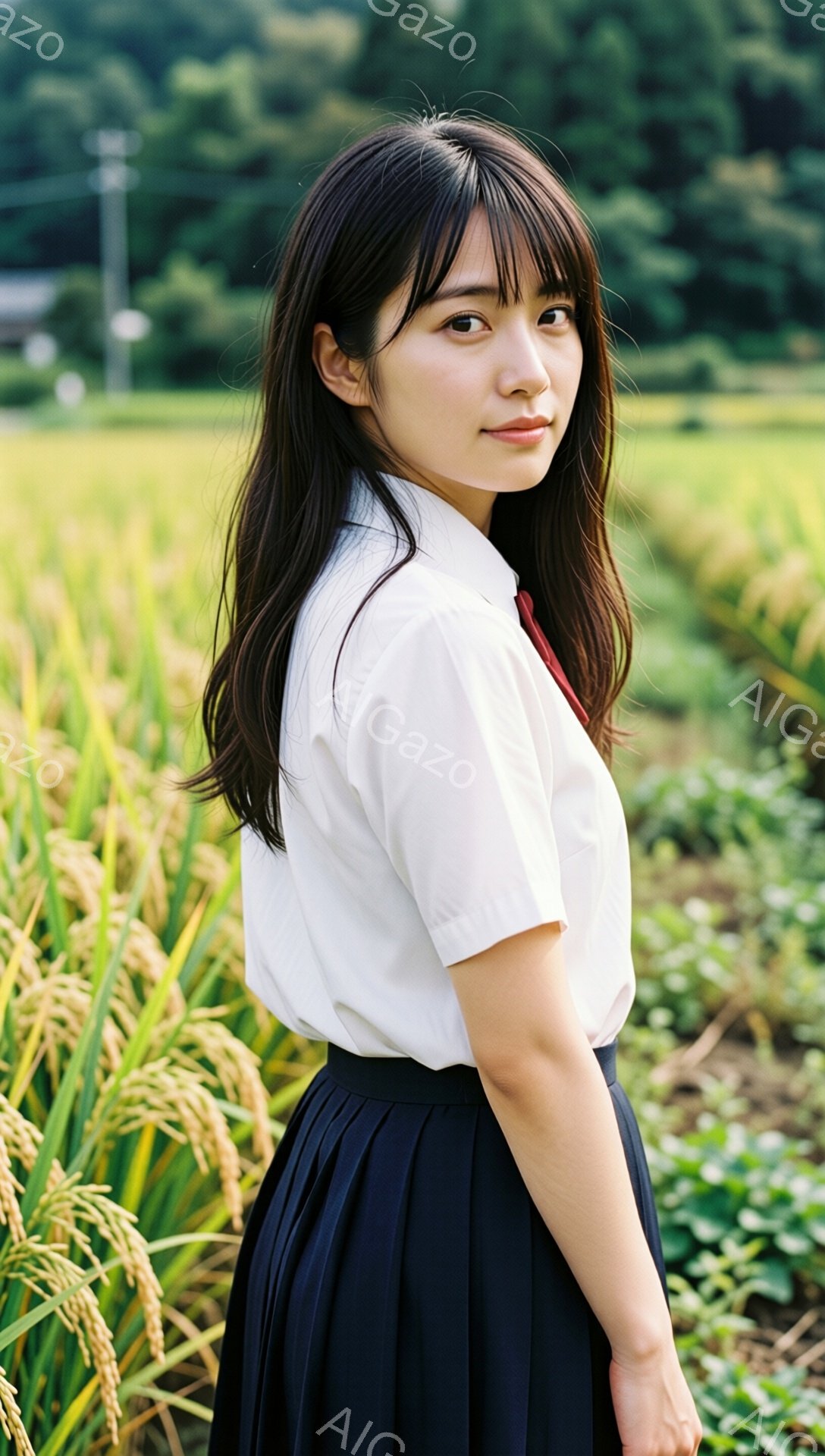 画像は、茶色の稲穂が広がる田園風景の中に立つ若い女性を捉えています。彼女は白いブラウスと紺色のプリーツスカート、赤いネクタイ姿で、少し振り返りこちらを見ているような視線を送っています。背景には緑豊かな田んぼと電柱が見え、穏やかで少しノスタルジックな雰囲気を醸し出しています。