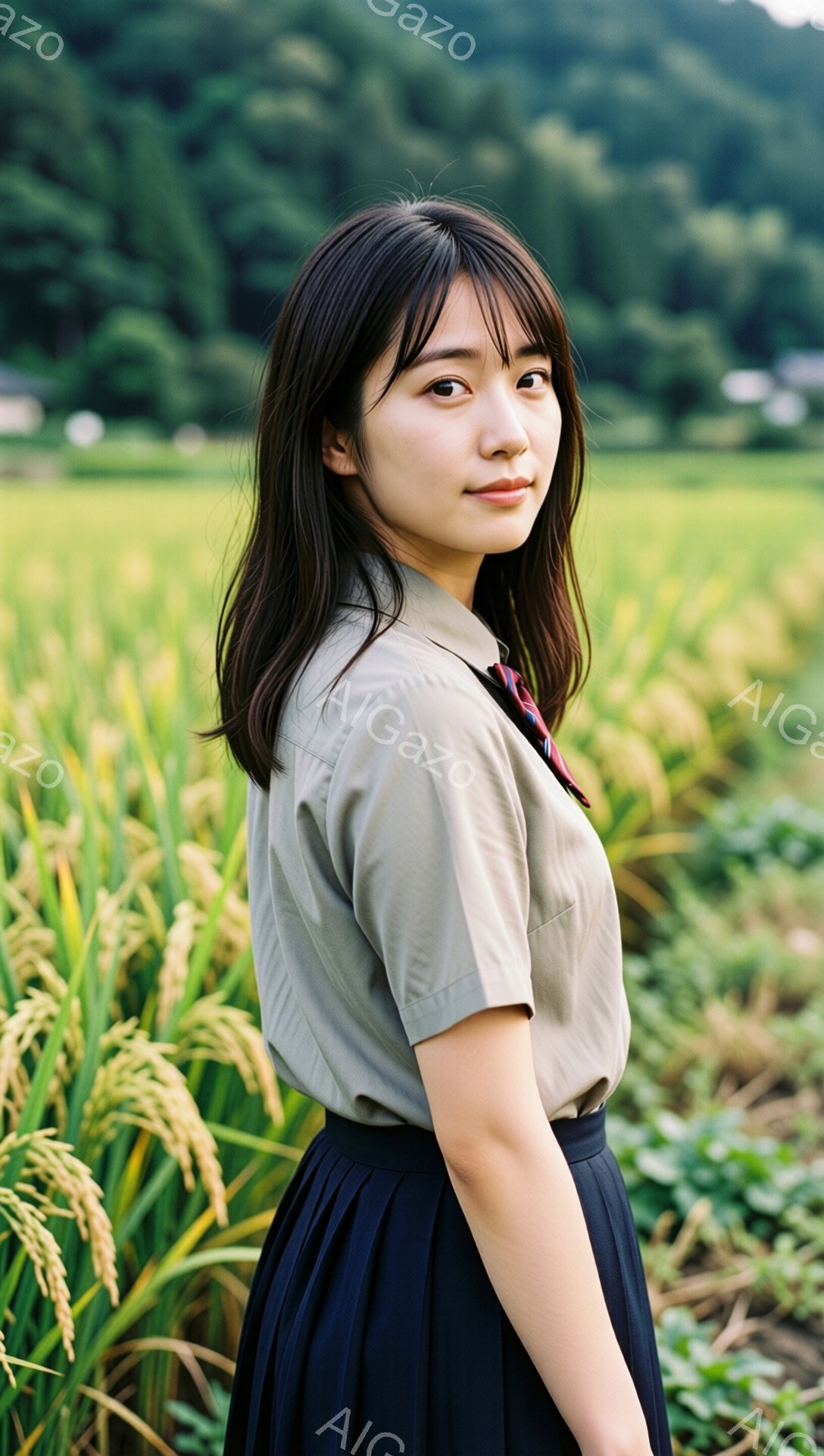 若い女性が、黄金色の稲穂が広がる田んぼの中に立っている。ベージュ色のシャツに黒のプリーツスカート、そしてネクタイ姿で、どこか懐かしい学生服のような印象を与える。彼女はカメラに向かって少し振り返り、穏やかで優しい表情を浮かべている。