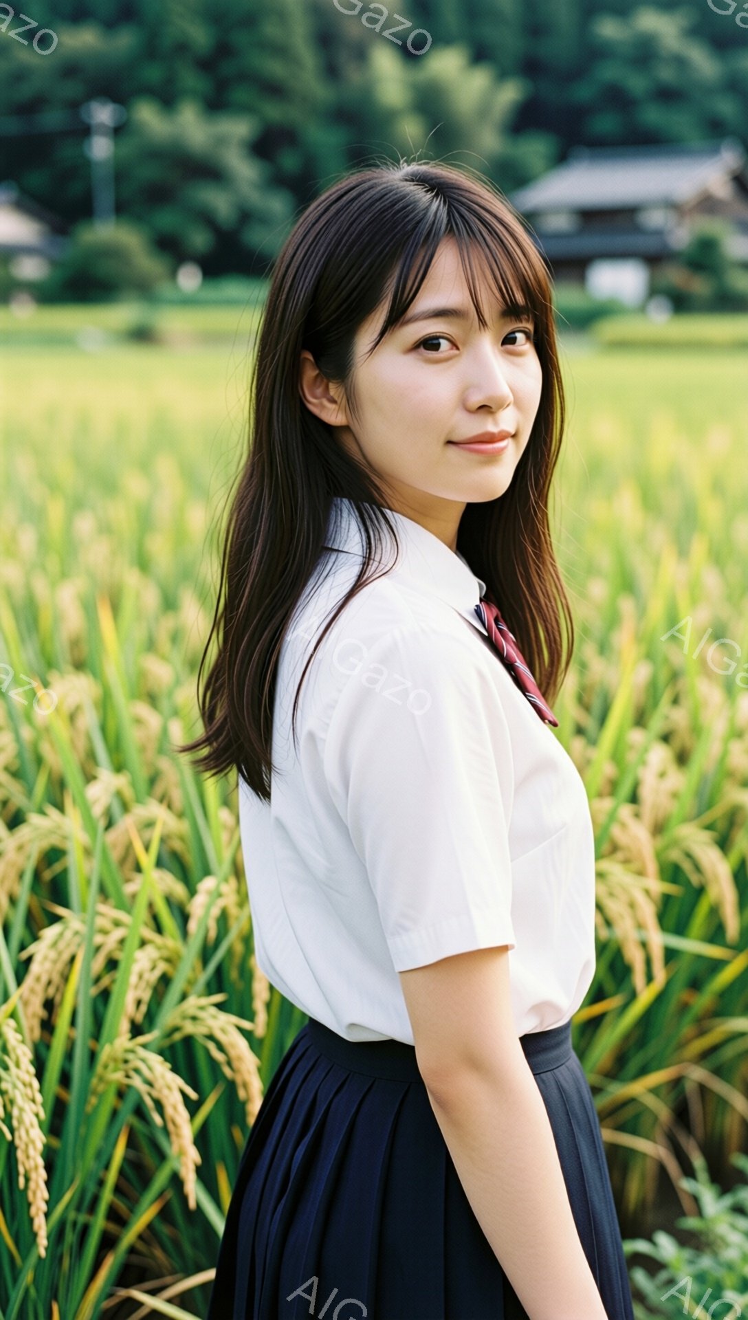 少女は麦畑の中に立っており、白いシャツと紺色のスカートを着ています。彼女は髪を肩まで伸ばし、軽く微笑んでいます。背景には緑豊かな田園風景と遠くに見える建物があり、穏やかでノスタルジックな雰囲気を醸し出しています。