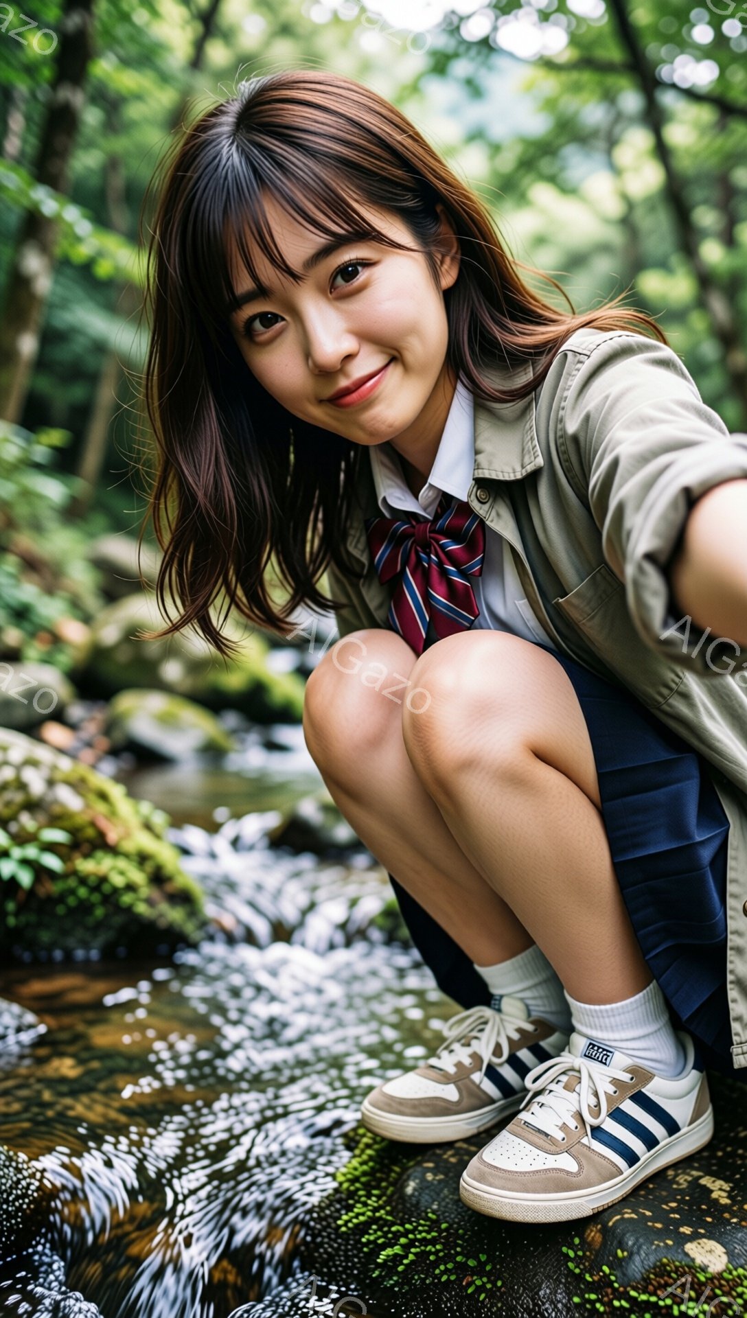 茶髪のロングヘアを軽く巻いた女性が、緑豊かな自然の中にひざまずいて座っている。紺色のスカートと白いシャツ、そしてチェック柄のネクタイを着用し、ベージュのジャケットを羽織っている。背景には岩場と水流があり、明るい日差しが差し込み、全体的に爽やかで若々しい雰囲気を醸し出している。