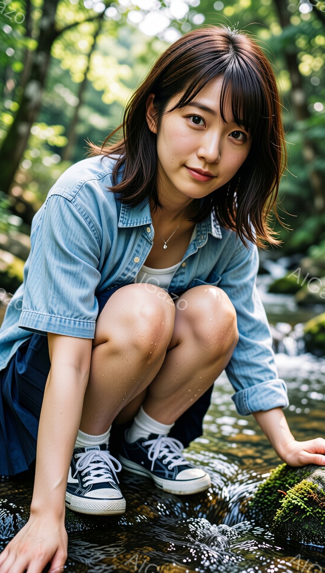 茶髪の女性が、水辺の岩の上に膝をついて座っている。彼女は明るいブルーのシャツと紫色のショートパンツ、そして黒と白のキャンバススニーカーを履いており、首には細いチェーンのネックレスをつけている。背景には緑豊かな木々と水が流れ、全体的に自然の中でリラックスした穏やかな雰囲気が漂っている。