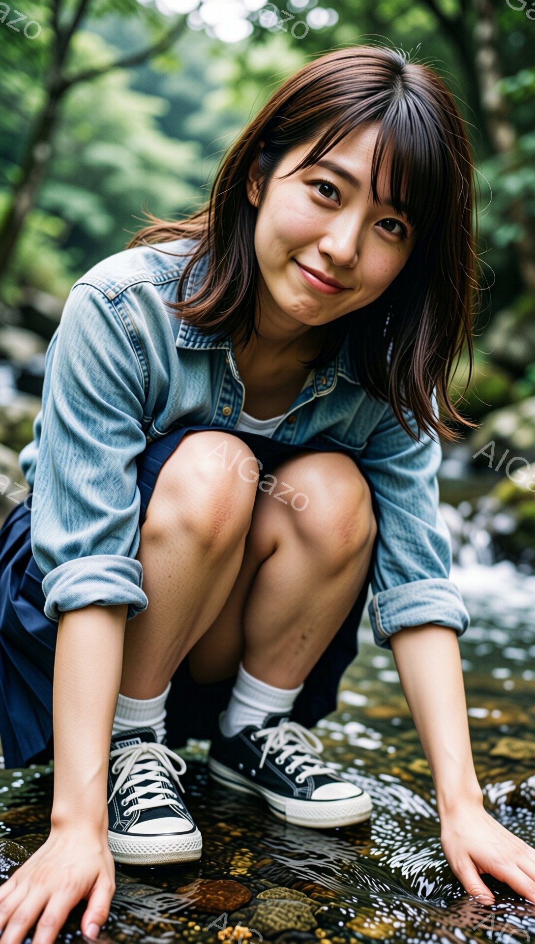 若い女性が水辺にしゃがみこんでいる様子が写っている。彼女はデニムジャケット、紺色のスカート、白い靴下、黒いスニーカーを着用しており、髪は肩までの長さで軽くカールしている。彼女はカメラに向かって微笑み、水面を優しく覗き込むようなポーズをとっている。