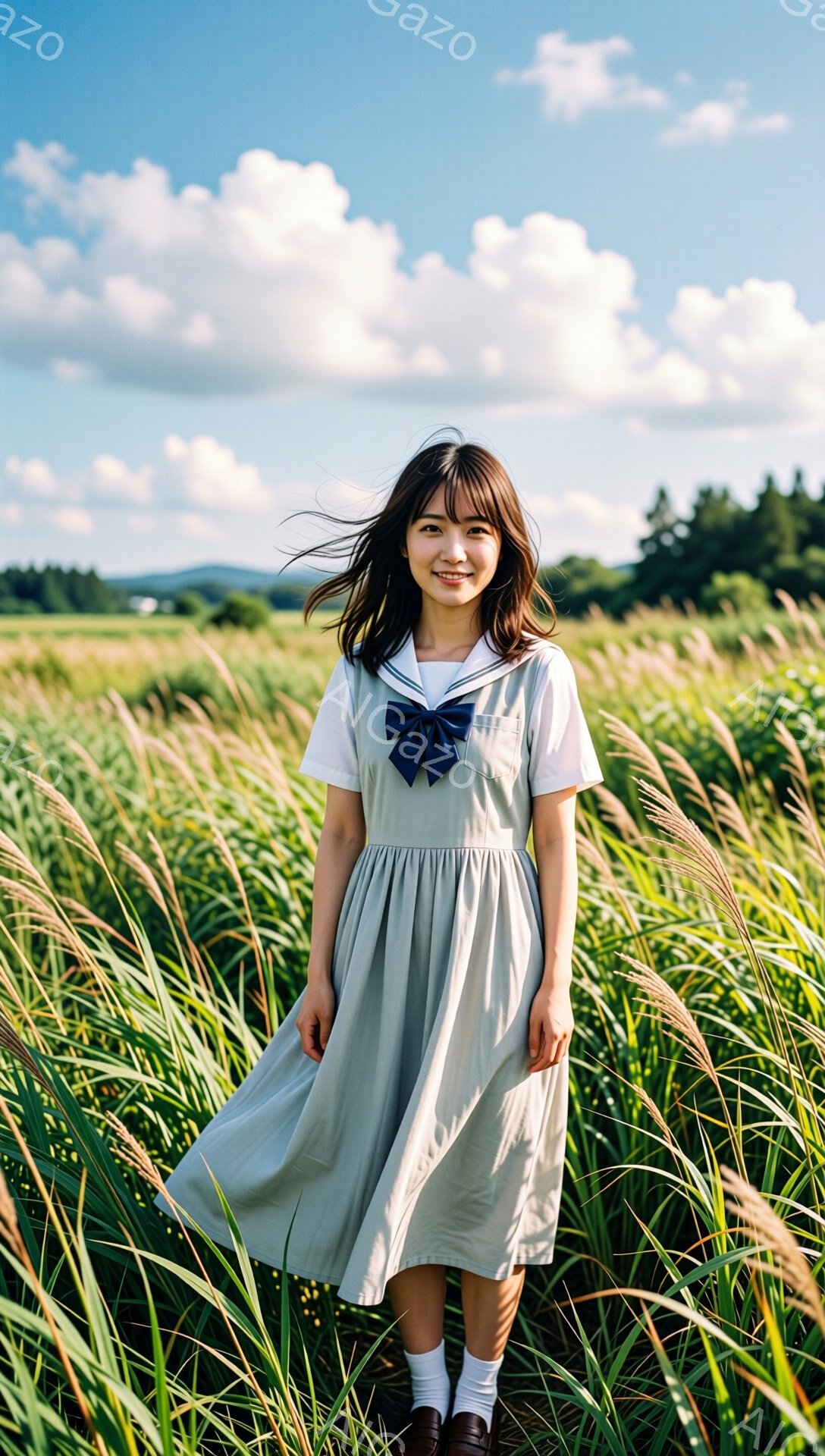 長い髪の女性が、背の高い草の中に立っています。彼女は白いブラウスにグレーのワンピースを着ており、足元には白い靴下と黒い靴を履いています。空は青く、雲があり、背景には緑の丘が見え、穏やかでノスタルジックな雰囲気が漂っています。