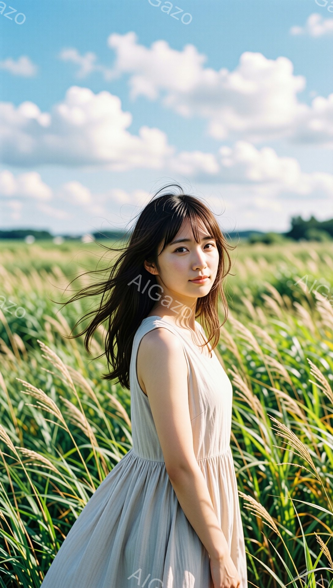 長い髪の女性が、背の高いススキの野原に立っている。淡いベージュ色のノースリーブのワンピースを着ており、風になびく髪とワンピースが、柔らかい印象を与えている。青空と白い雲が広がる背景は、夏の穏やかな雰囲気を表現している。