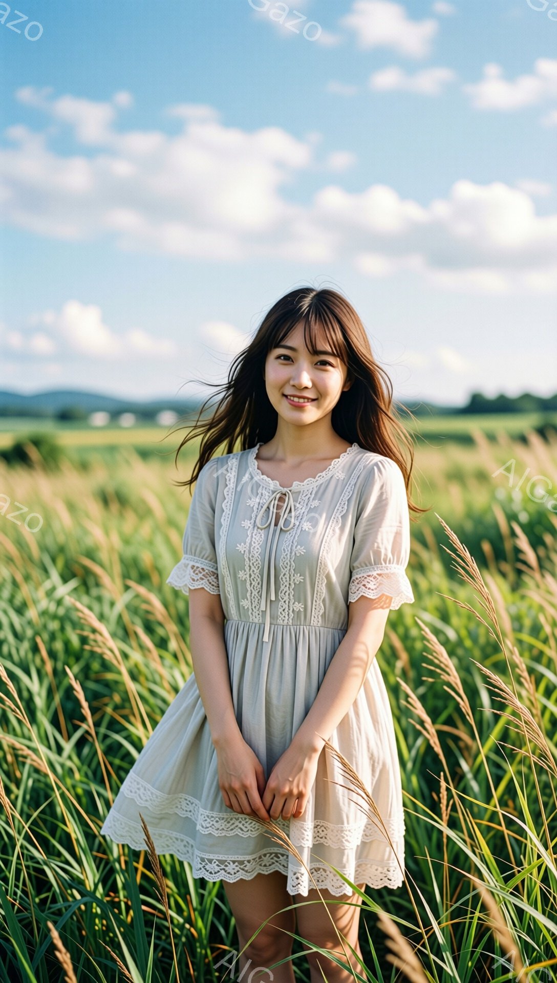 長い茶色の髪を無造作に肩から垂らし、クリーム色のレース付きのワンピースを着た若い女性が写っている。彼女は穏やかな笑顔を浮かべ、両手を前に組んで立っている。背景には背の高い草が広がり、遠くには山々と青空が広がっており、暖かく穏やかな雰囲気が漂う。