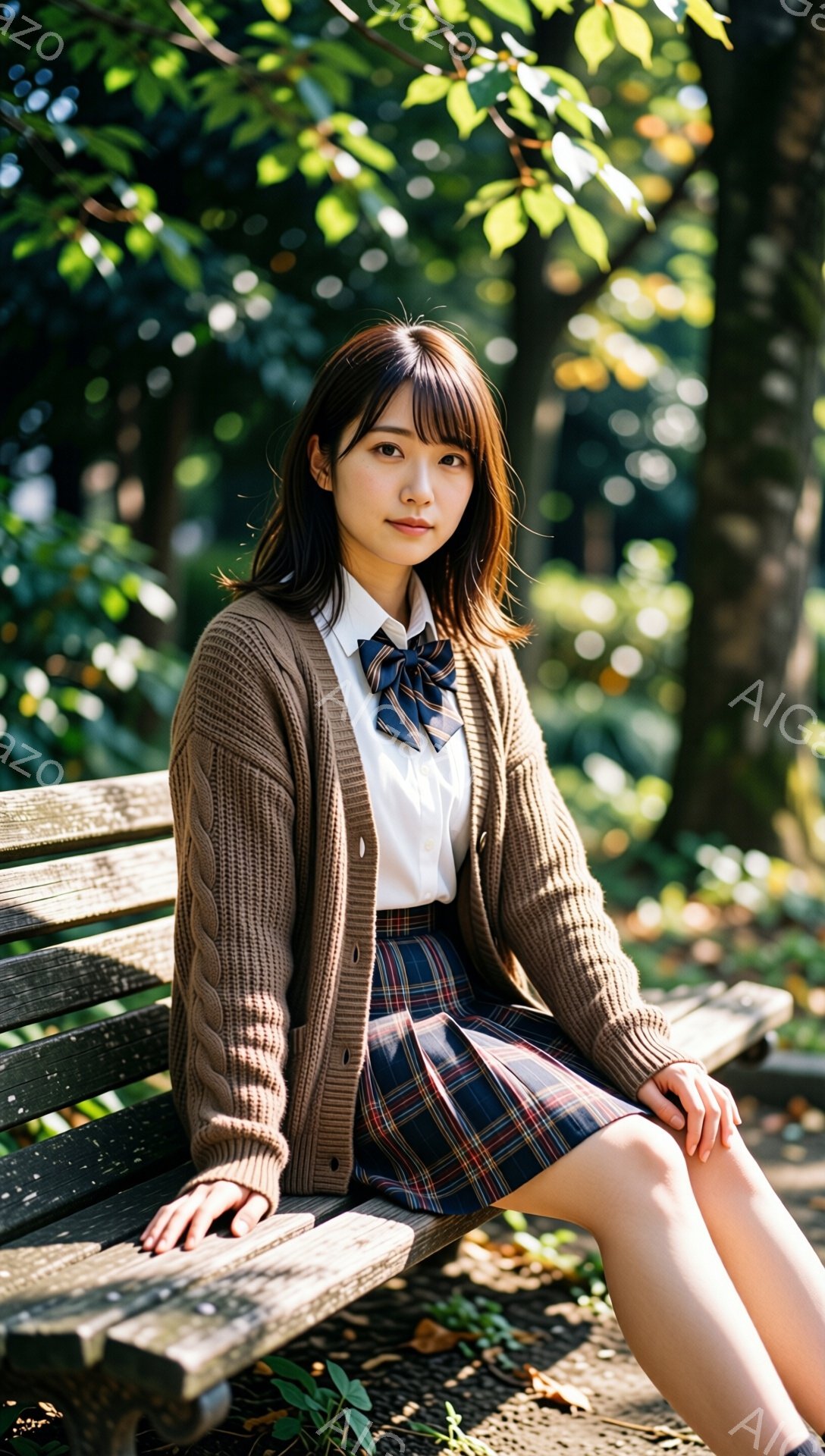 茶色のケーブルニットカーディガンを着た若い女性が、チェック柄のスカートと白いシャツ、ネクタイ姿で公園のベンチに座っています。彼女はわずかに微笑み、カメラを見ており、髪は肩にかかる長さで、前髪が眉毛にか - AI生成フリー素材