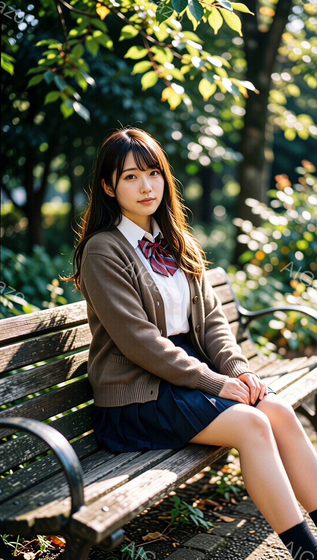 明るい屋外で、若い女性がベンチに座っています。彼女は白いシャツに、茶色のカーディガン、紺色のプリーツスカート、黒い靴下を履いており、首には赤いネクタイとリボンが付いています。背景には緑豊かな木々があり - AI生成フリー素材