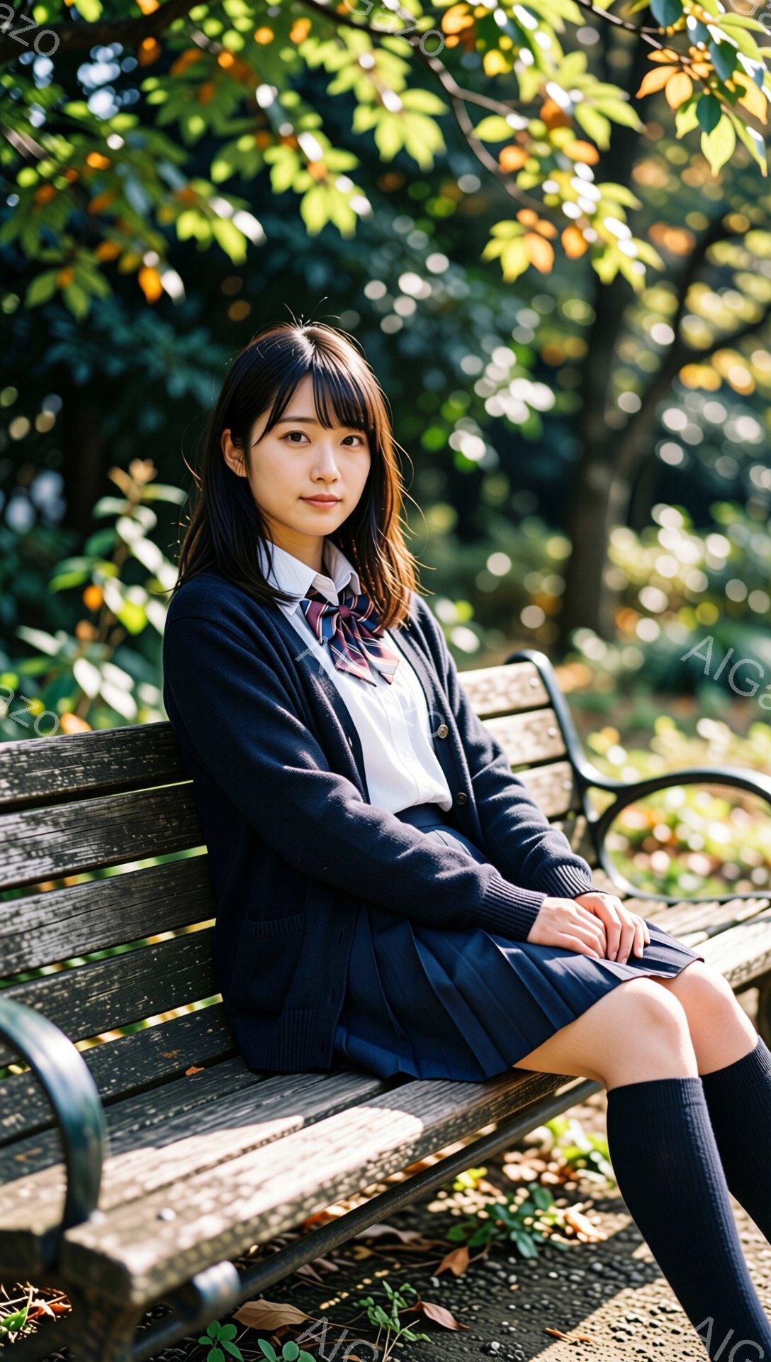 制服を着た若い女性が公園のベンチに座っています。彼女は紺色のカーディガン、白いシャツ、チェックのネクタイ、プリーツスカート、膝丈のソックスを着用し、前髪を少しカールさせたダークブラウンの髪をしています。穏やかな表情でカメラを見つめており、背景には緑豊かな木々と落ち葉が見え、秋の穏やかな雰囲気が漂っています。
