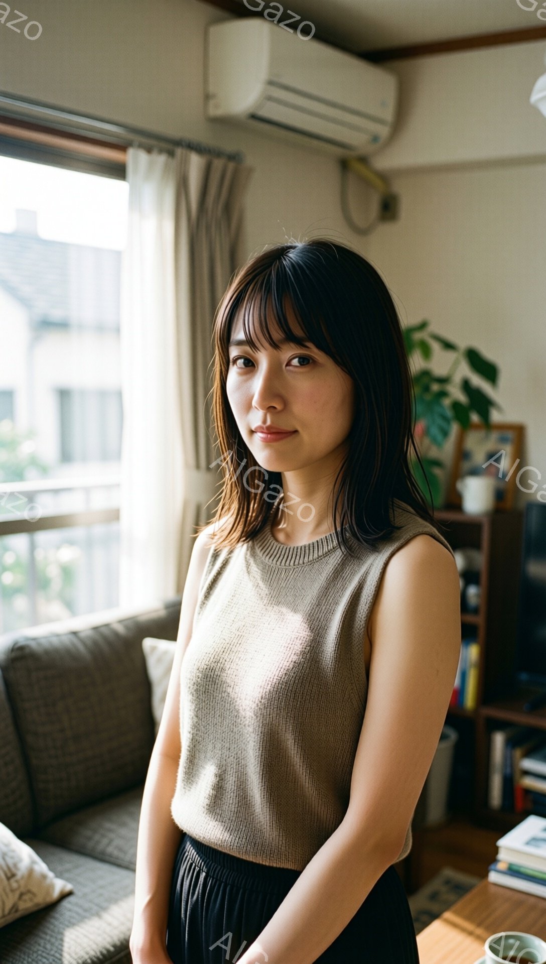 画像には、室内で肩出しのベージュのニットと黒いズボンを身につけた若い女性が写っています。彼女はストレートのダークヘアで、少し微笑んだ表情をしています。背景にはソファ、本棚、窓から差し込む光が見え、穏や - AI生成フリー素材