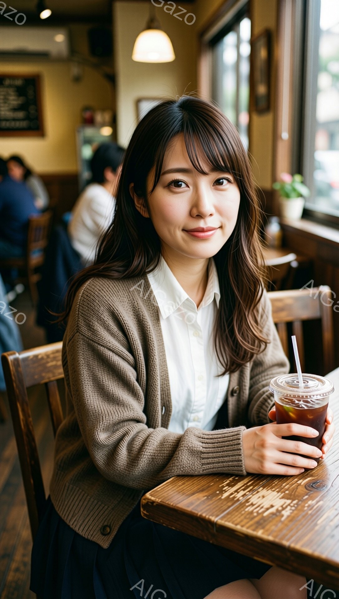 明るい表情の若い女性がカフェに座っており、手にアイスコーヒーを持っています。ベージュのニットカーディガン、白いシャツ、濃いスカートを着用し、ゆるやかなウェーブのかかったロングヘアが特徴的です。背景には、ぼやけたカフェの内部と窓から見える外の風景が見え、温かみのある落ち着いた雰囲気が漂っています。
