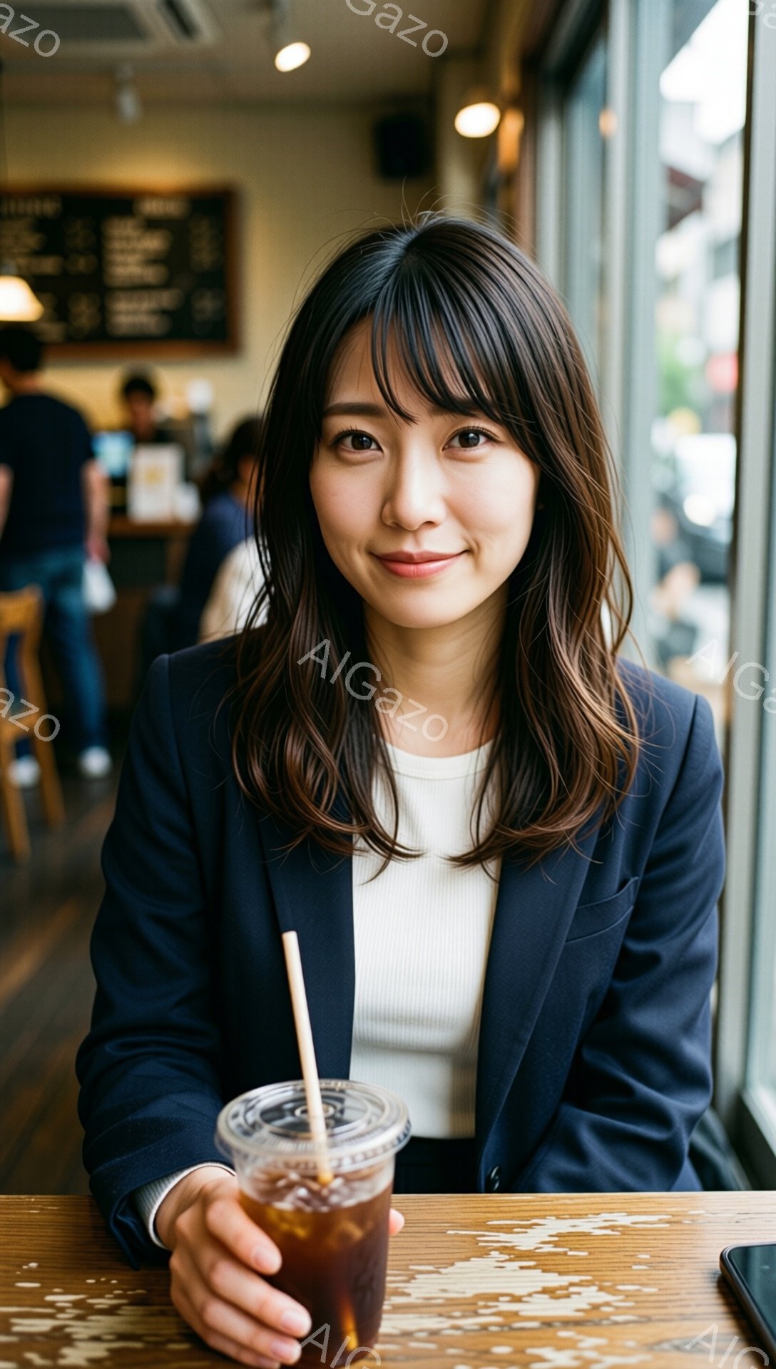 画像には、カフェのような場所でアイスティーを手に持った女性が写っています。彼女は白いTシャツに濃い紺色のジャケットを着ており、長い茶色の髪を肩まで下ろしています。彼女は微笑んでいて、リラックスした雰囲気で、背後には他の客やカフェのメニューが見えます。