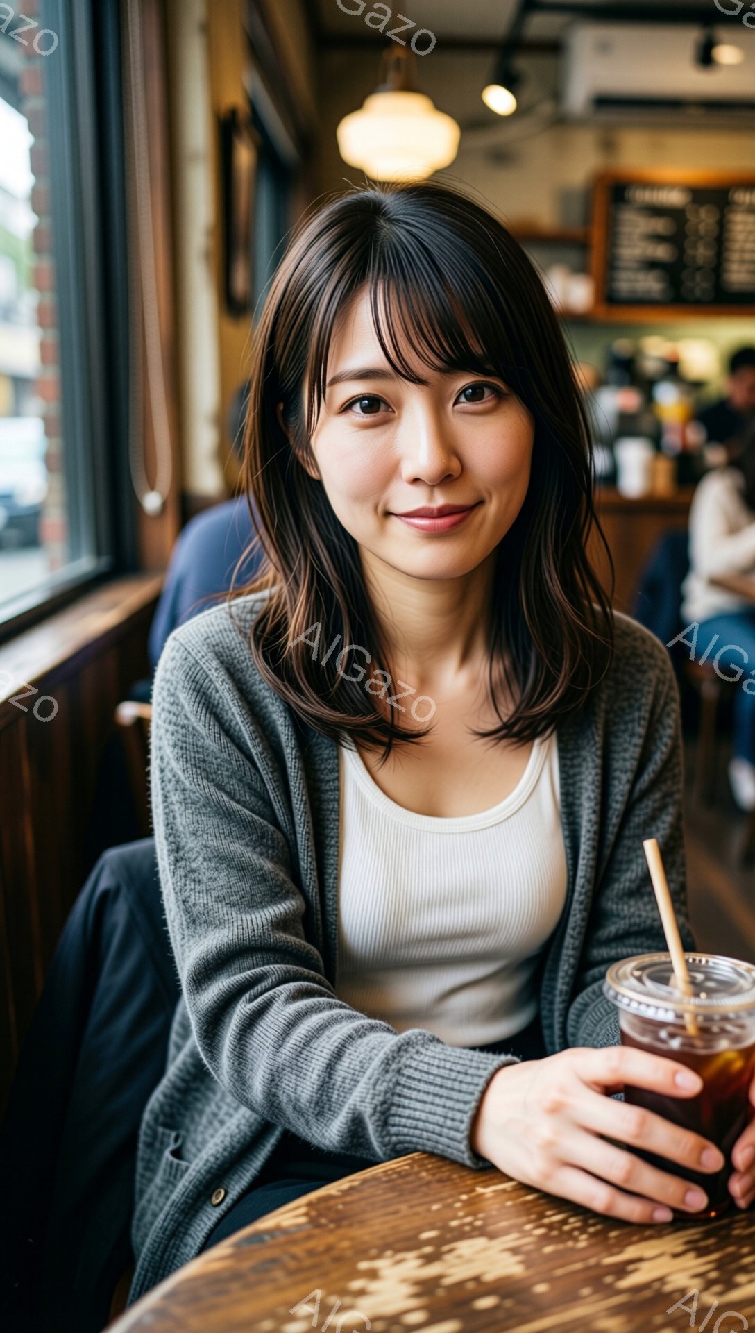 長い前髪とゆるいウェーブのかかった髪が印象的な女性が、カフェの席で微笑んでいます。グレーのカーディガンと白いタンクトップを着ており、手にアイスコーヒーを持っています。背景には、ぼやけたカフェのカウンターや他の客、そして窓の外には建物が見え、穏やかでリラックスした雰囲気が漂っています。