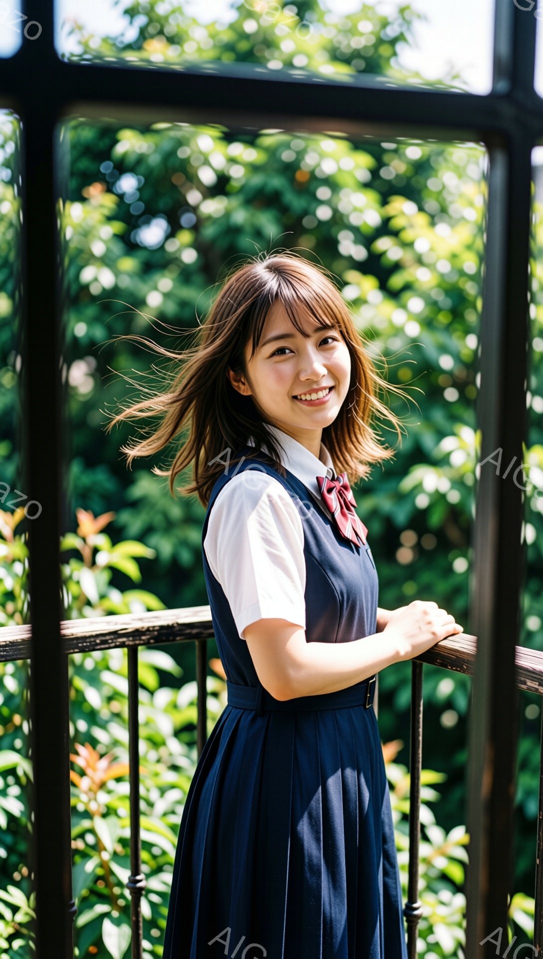 若い女性が紺色の制服を着て、穏やかな笑顔を浮かべています。彼女は肩までの中くらいの茶髪で、少しカールがかかっています。背景には緑豊かな木々が生い茂り、黒い金属製の柵の一部が映り込んでおり、全体的に明るく爽やかな雰囲気です。