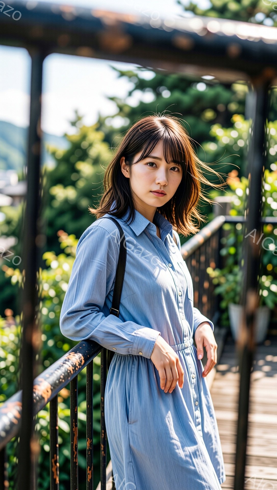 画像に写っている女性は、薄い水色のストライプのロングシャツワンピースを着ており、肩にストラップが付いたバッグをかけています。彼女は少し微笑んでおり、髪は肩までの長さで、前髪が少し流れています。背景には緑豊かな植物と木製のデッキがあり、晴れた日の穏やかな雰囲気が漂っています。