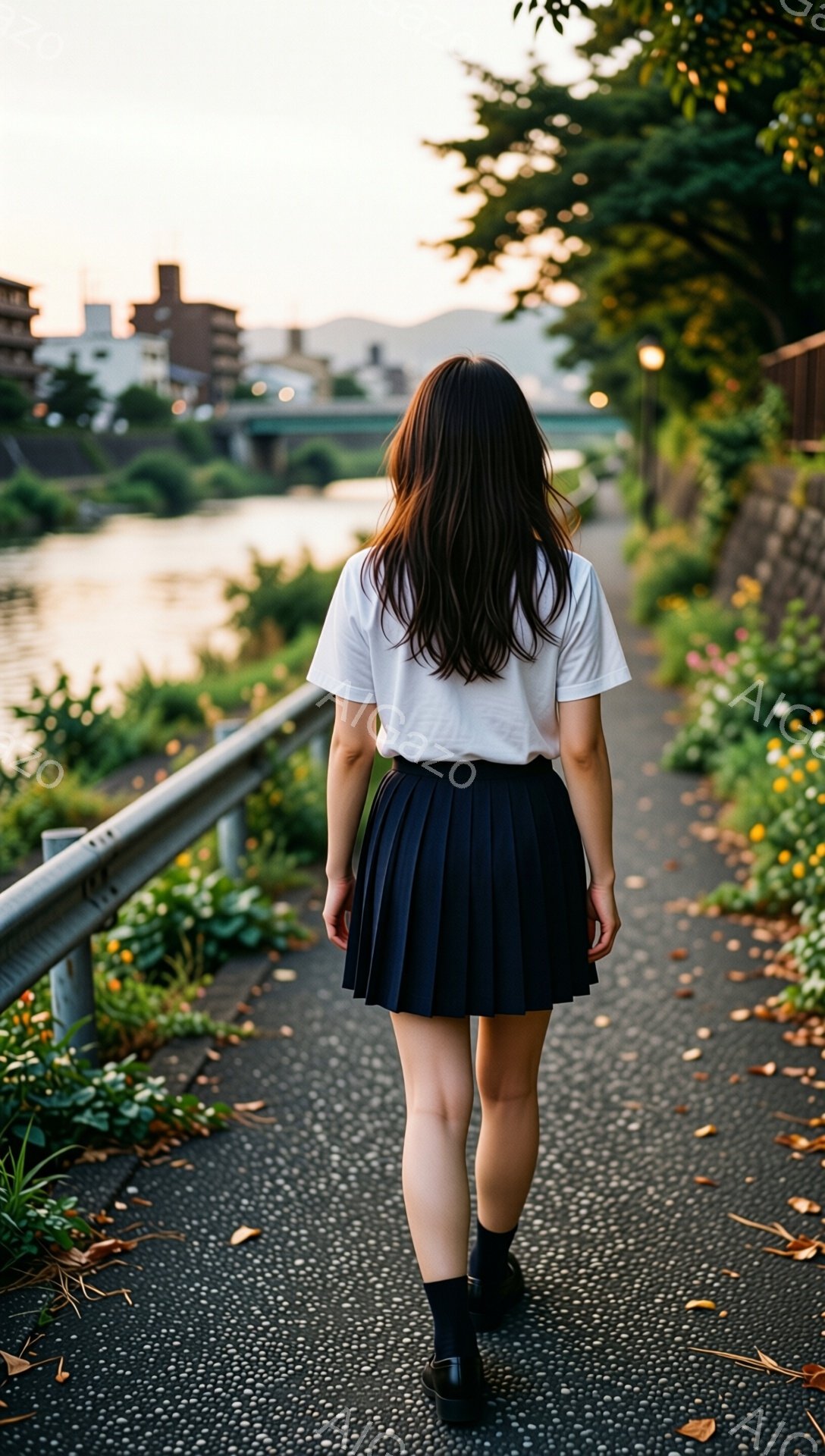 長い黒髪の女性がアスファルトの道の上を歩いている。白いTシャツにプリーツスカート、黒い靴下と靴を履いており、学生服のような服装をしている。背景には川と緑豊かな植物、遠くには建物が見え、夕暮れ時の穏やかな雰囲気を醸し出している。