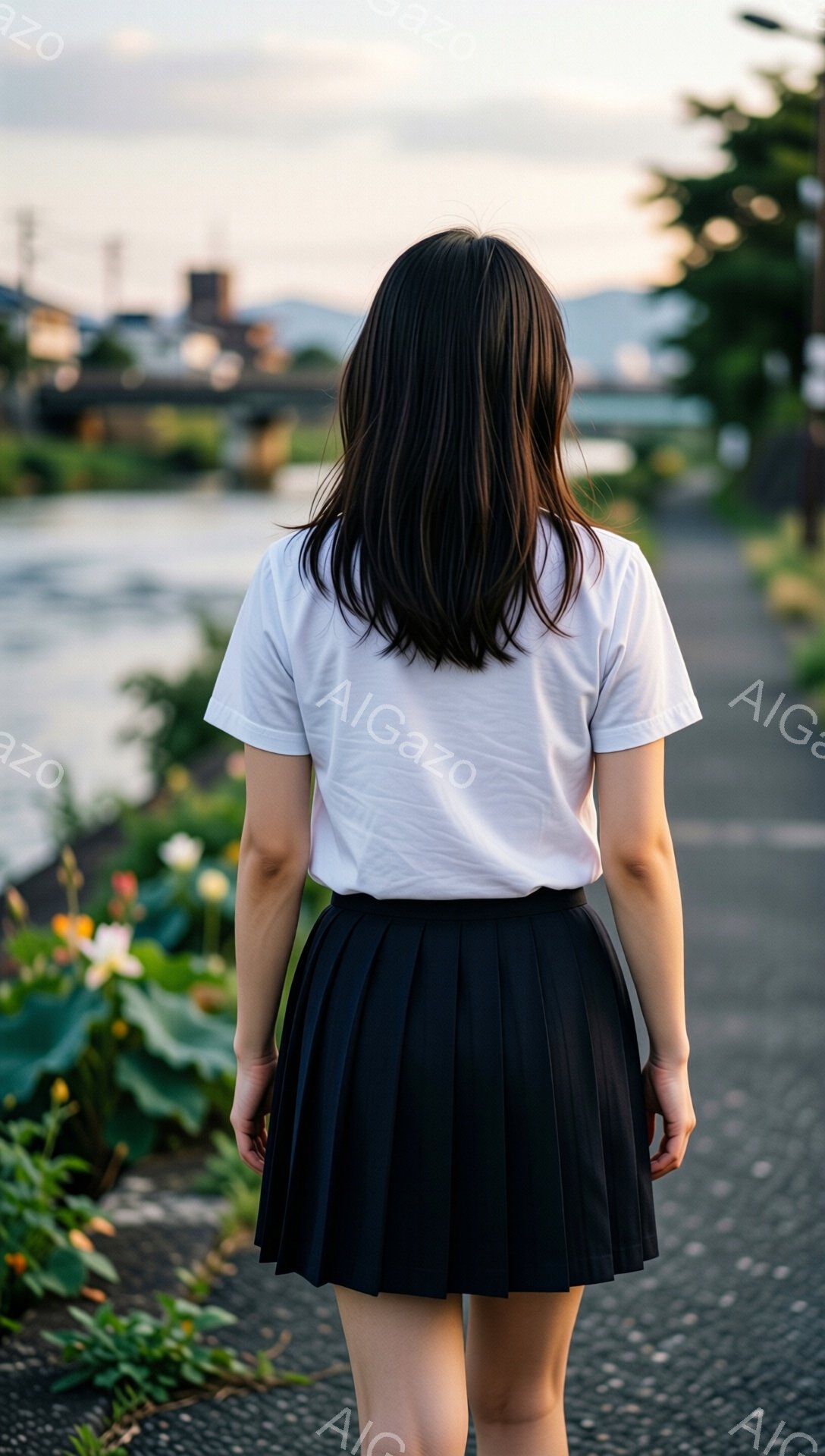 後ろ姿の女性が、白いTシャツとプリーツスカートを身に着けてアスファルトの道に立っている。背景には川と、遠くに見える建物や緑豊かな自然が広がり、穏やかで少し寂しげな雰囲気が漂う。彼女の髪は長く、暗い色で、背景の緑とコントラストをなしている。