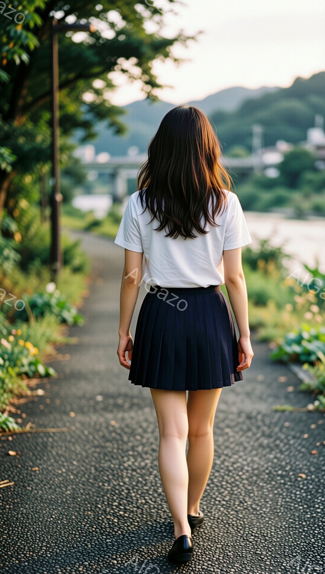 黒髪の女性がアスファルトの道の上を歩いている後ろ姿が捉えられている。白いTシャツにプリーツの黒いスカート、そして黒い靴を履いている。背景には緑豊かな木々や草花、そして遠くの山々が見え、穏やかな夏の日の午後のような、静かで平和な雰囲気が漂う。