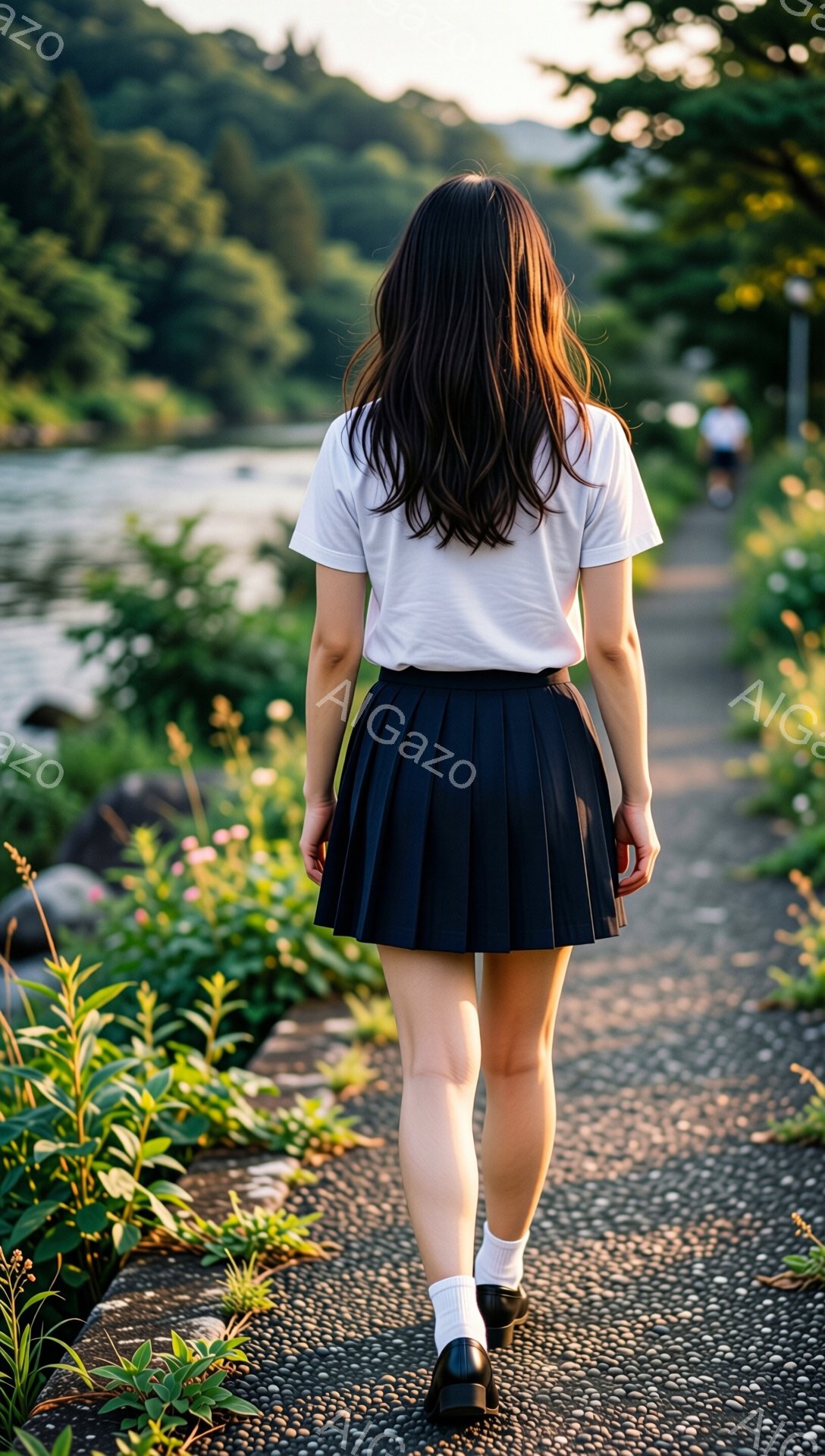 後ろ姿の女性は、白いTシャツと黒いプリーツスカート、白いソックス、黒い靴を履いています。長く黒い髪が背中に伸び、歩道の上を歩いています。背景には緑豊かな植物と水面が見え、夕暮れ時の穏やかな雰囲気が漂っています。