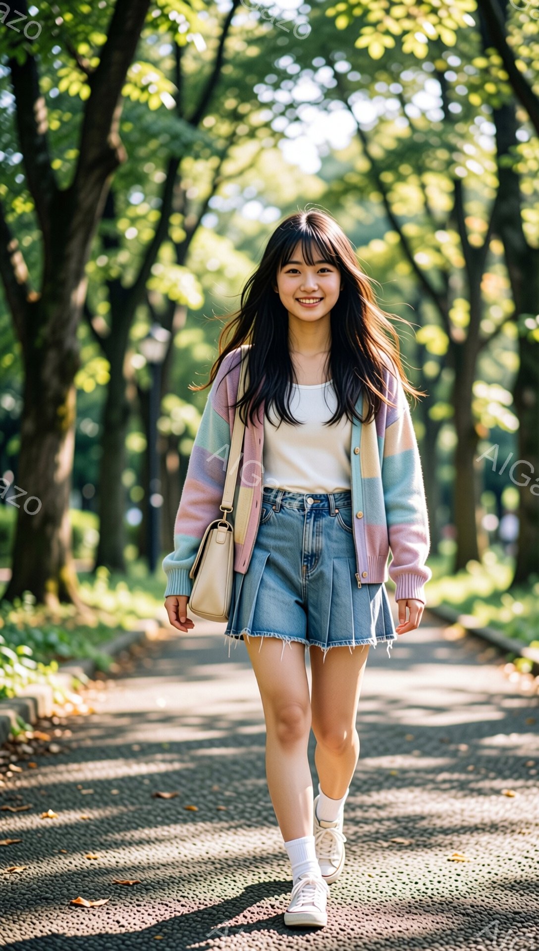 明るい笑顔の若い女性が、アスファルトの遊歩道を向かって歩いている。オフホワイトのTシャツに、パステルカラーのカーディガン、そして裾がフリンジになっているデニムショートパンツと白いスニーカーを着用し、肩にかけたベージュの小さなバッグがアクセントになっている。背景には緑豊かな木々が生い茂り、日差しが差し込んで、穏やかで暖かい雰囲気を醸し出している。