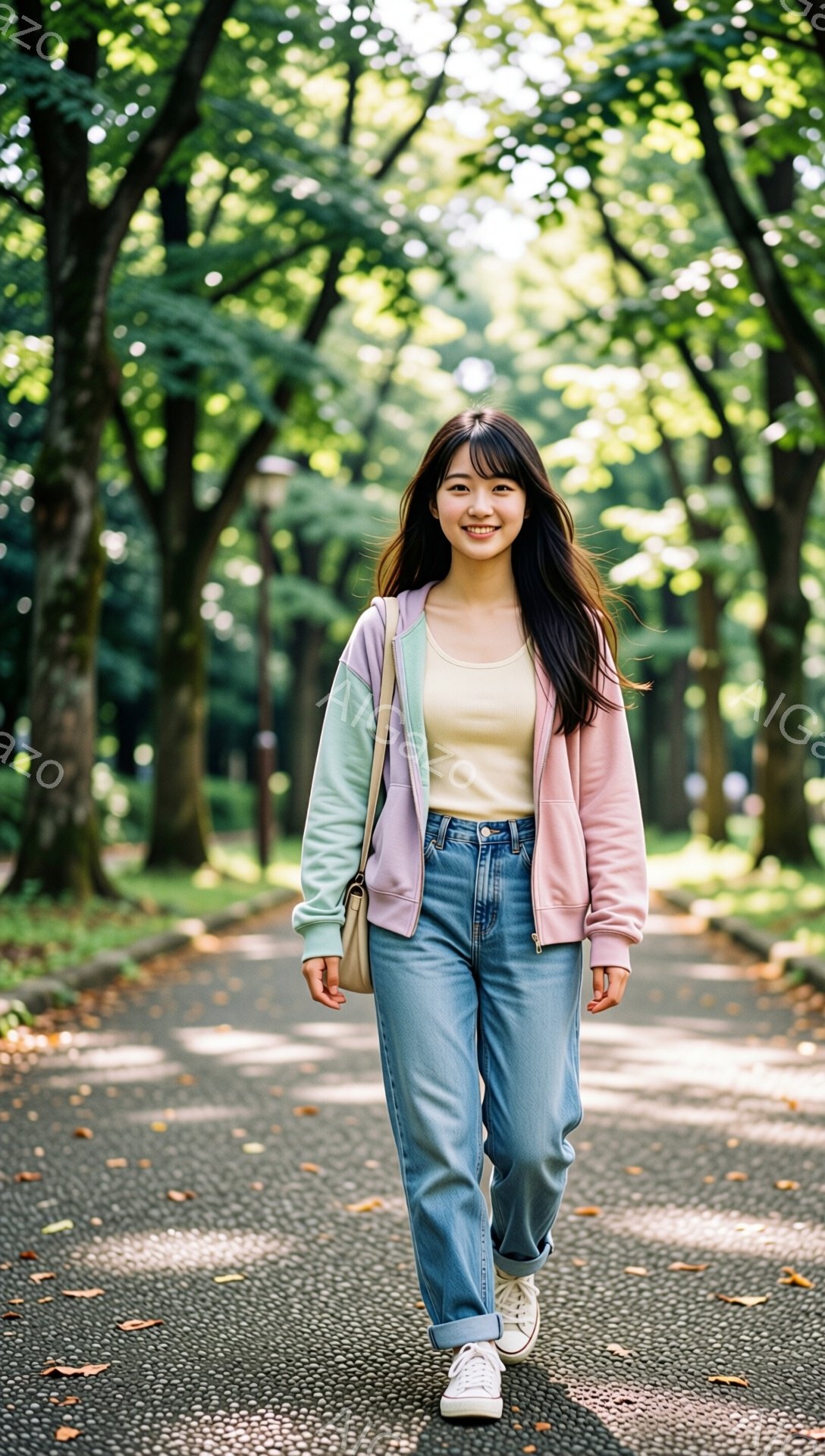 長い髪をセンターパートにした若い女性が、アスファルトの道の上を正面を見て歩いている。彼女はベージュのタンクトップに、ピンクとミントグリーンのカラーブロックのジップアップパーカー、そしてゆったりとしたジーンズと白いスニーカーを着用している。背景には緑豊かな木々が立ち並び、日差しが差し込み、明るく穏やかな雰囲気を醸し出している。