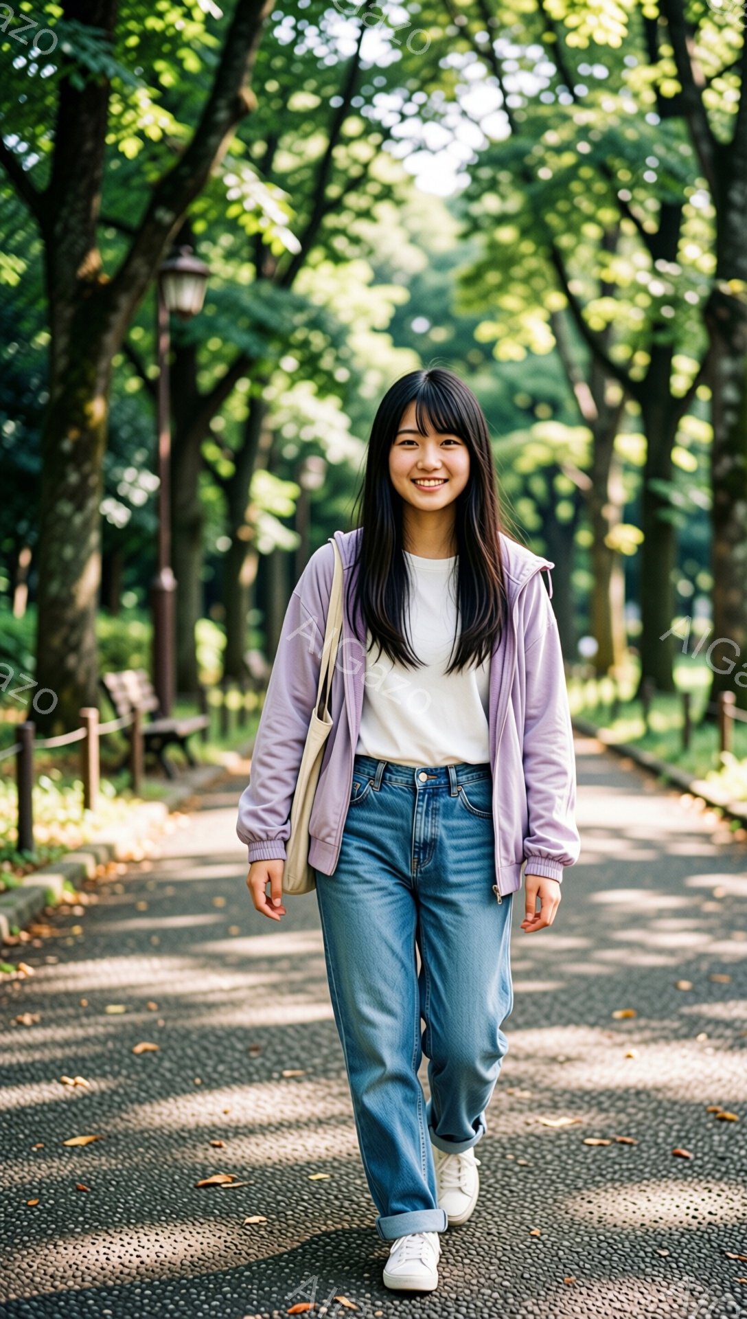 若い女性が遊歩道を歩いており、白いTシャツに薄紫色のジップアップパーカー、ウォッシュ加工のデニムジーンズ、白いスニーカーを着用しています。彼女は黒髪のロングヘアで、前髪は眉毛にかかる程度にカットされ、 - AI生成フリー素材