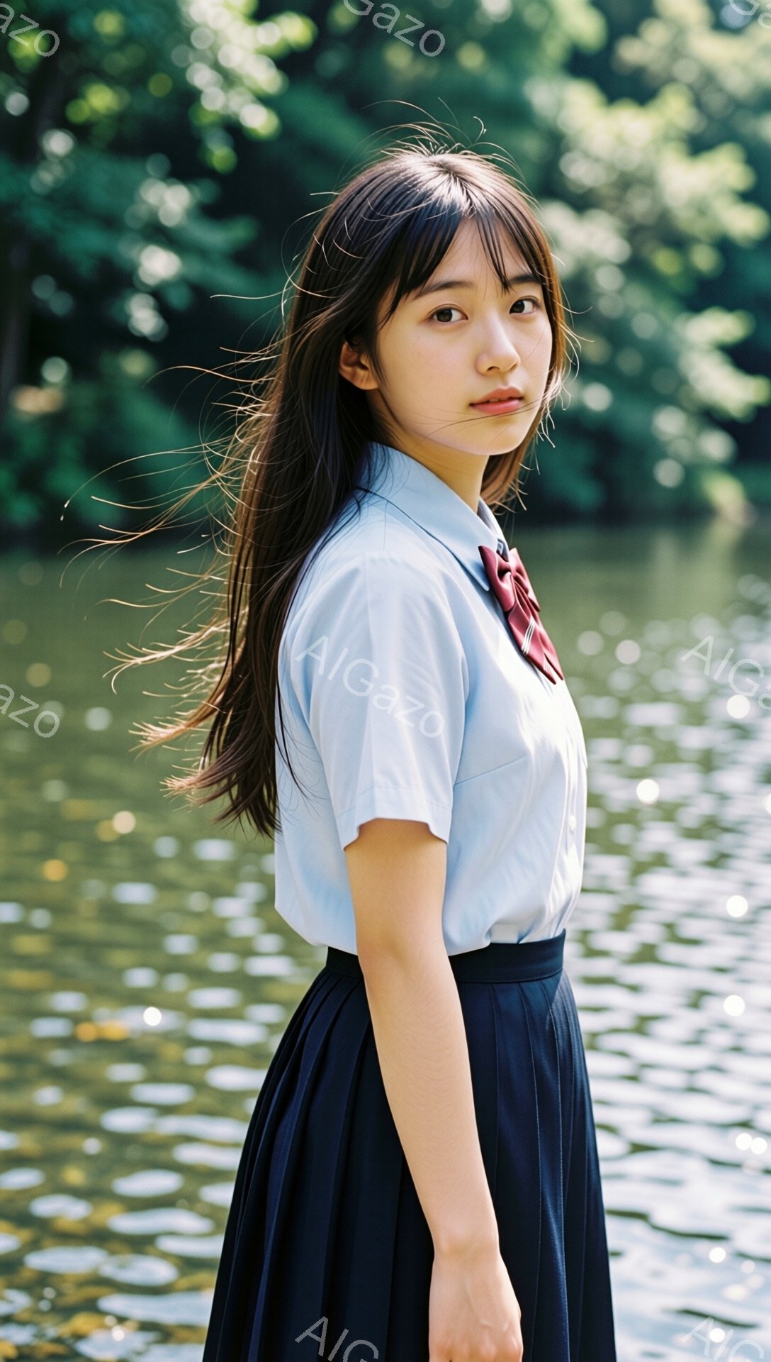 長い黒髪をなびかせた若い女性が、水辺でこちらを見ている。彼女は水色のシャツに赤いネクタイ、そして濃い紺色のプリーツスカートを着用しており、制服姿である。背景には緑豊かな木々が見え、水面には光が反射しており、穏やかで少しノスタルジックな雰囲気が漂っている。