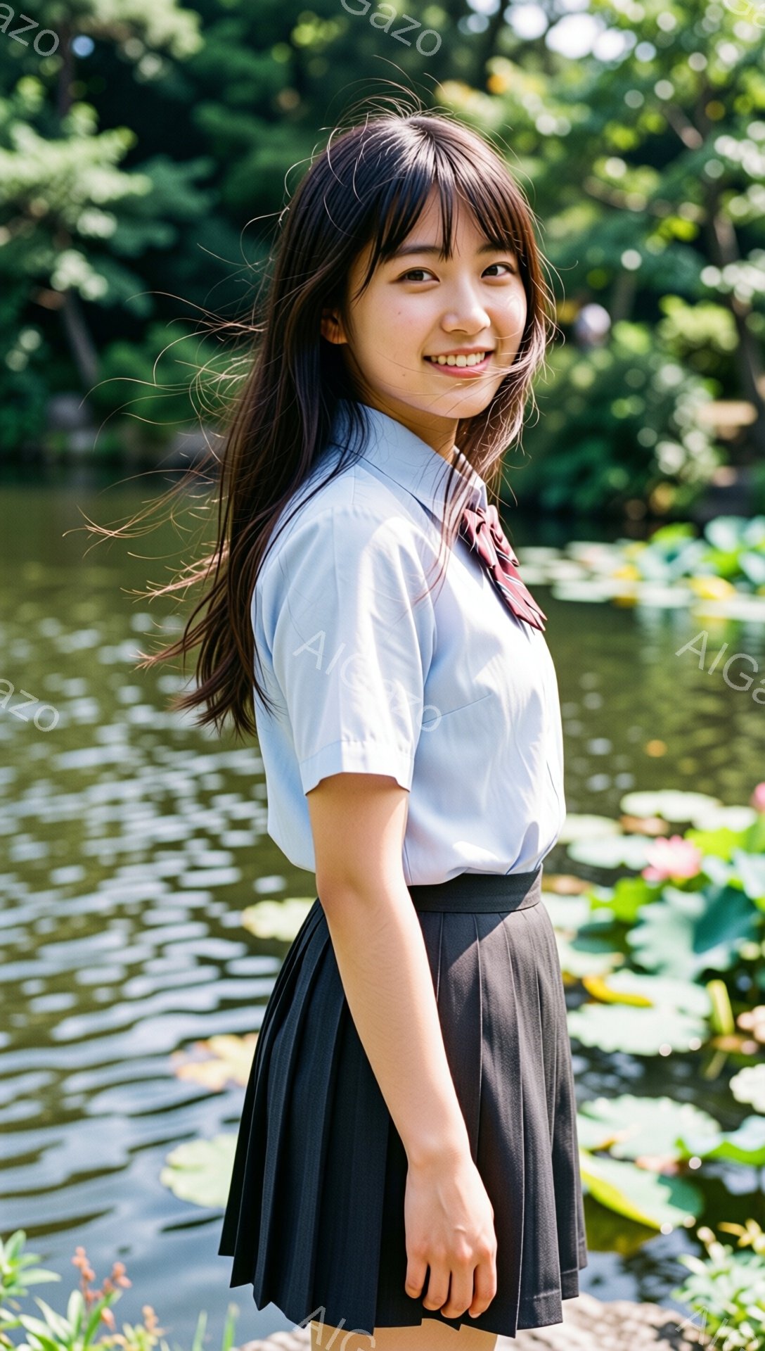 この女性は、薄い水色のシャツと黒のプリーツスカート、そして赤いネクタイを身につけています。彼女は微笑んでおり、長い黒髪が肩にかかっています。背景には水面と緑豊かな植物があり、穏やかで自然な雰囲気が漂っ - AI生成フリー素材