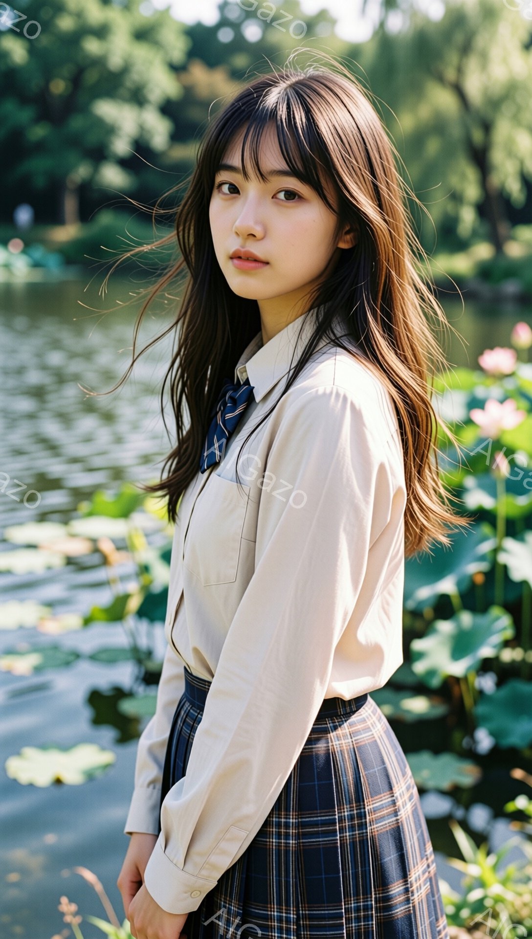 長い茶色の髪を無造作に肩から垂らし、ベージュのシャツにチェック柄のスカートを合わせた女性が写っている。彼女は少し伏し目がちで、落ち着いた表情を浮かべている。背景には緑豊かな池と睡蓮が広がり、穏やかで優 - AI生成フリー素材