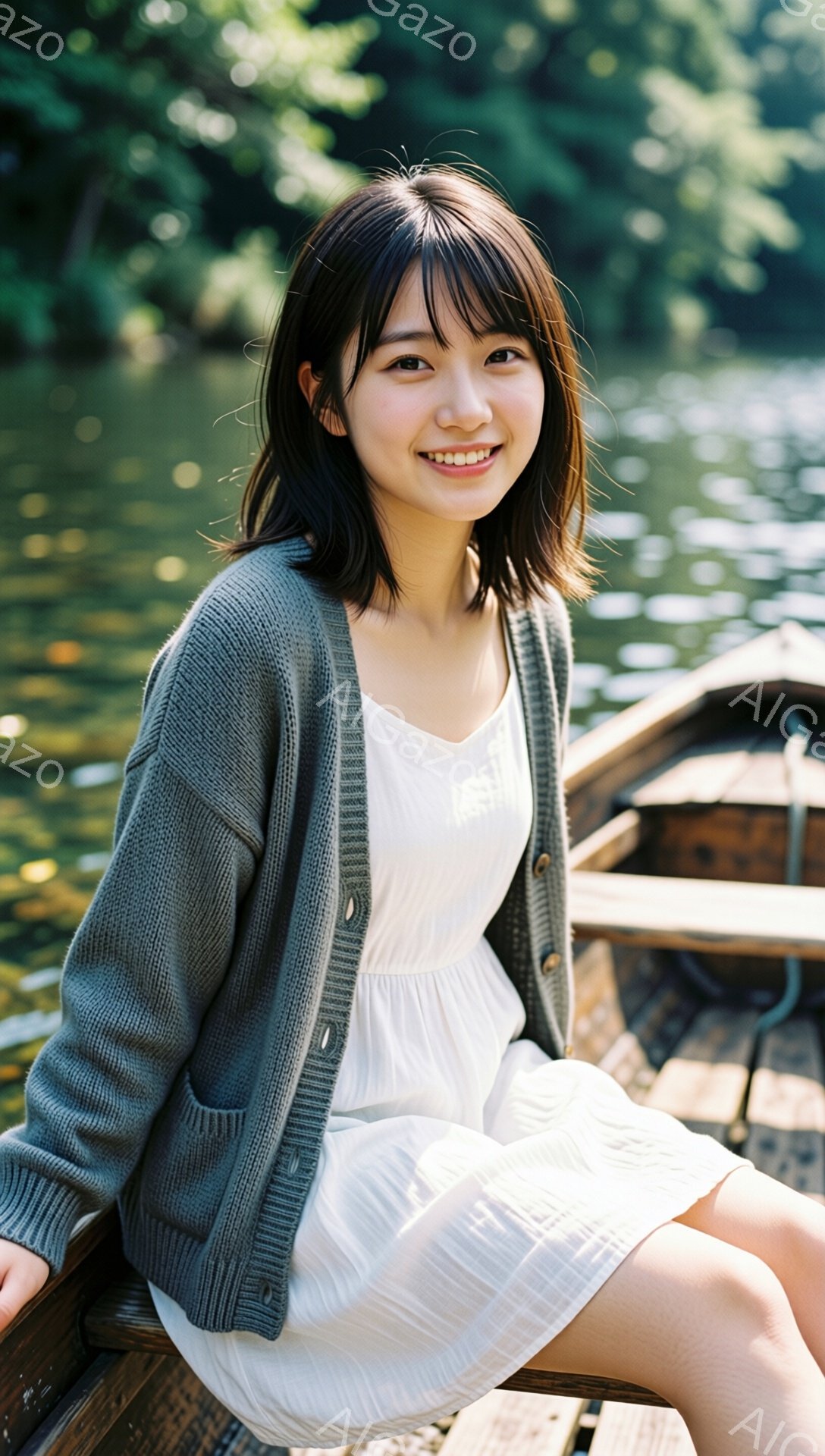 若い女性がボートの上に座り、微笑んでいます。彼女はグレーのカーディガンと白いワンピースを着ており、前髪のあるショートヘアです。背景には緑豊かな木々と水面が見え、穏やかで平和な雰囲気が漂っています。 - AI生成フリー素材