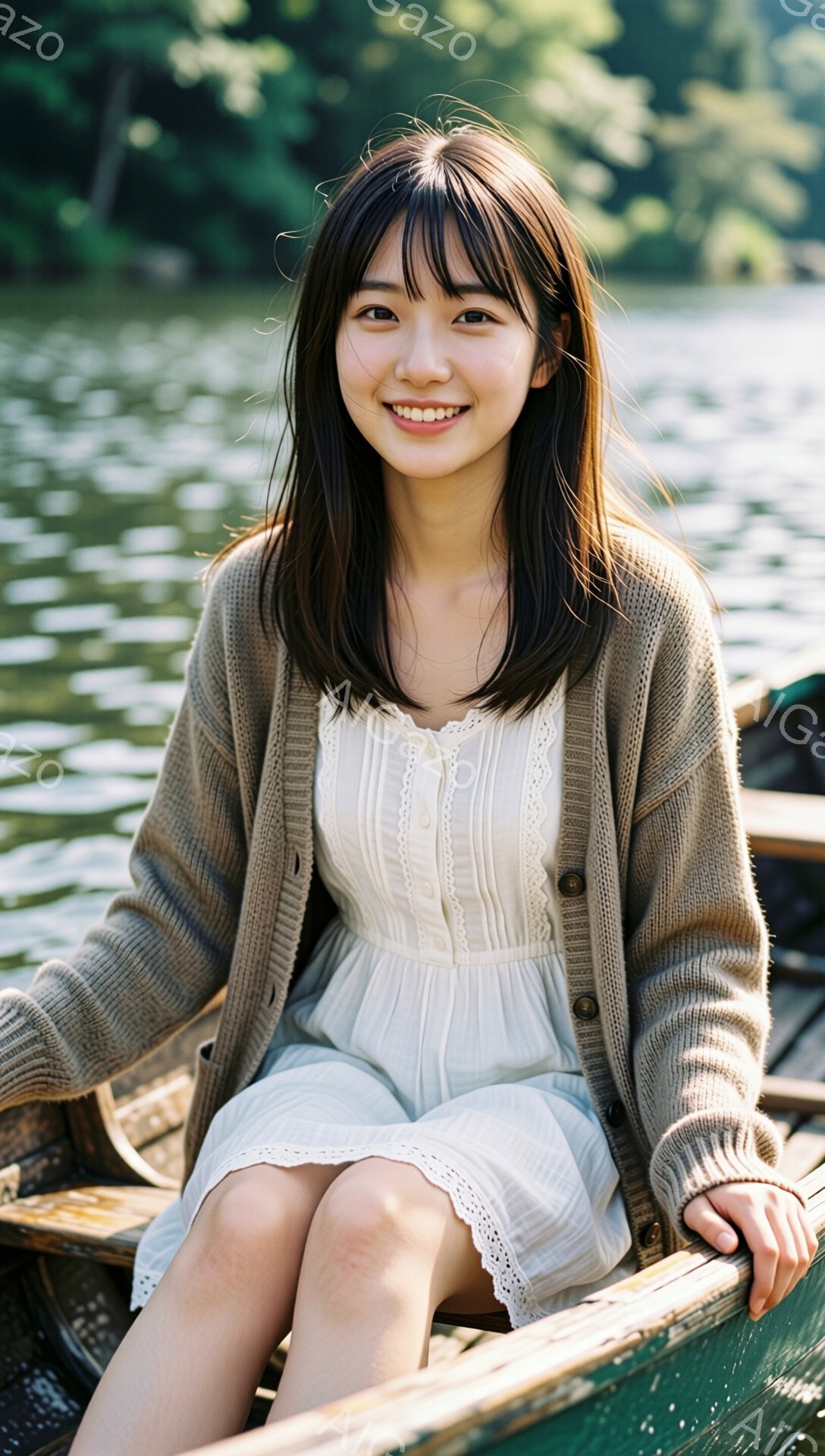若い女性がボートに座っており、白いレースのワンピースにベージュのカーディガンを羽織っています。彼女は微笑んでおり、黒髪の毛先が少しカールしています。背景は水面と緑豊かな自然で、穏やかで優しい雰囲気が漂 - AI生成フリー素材
