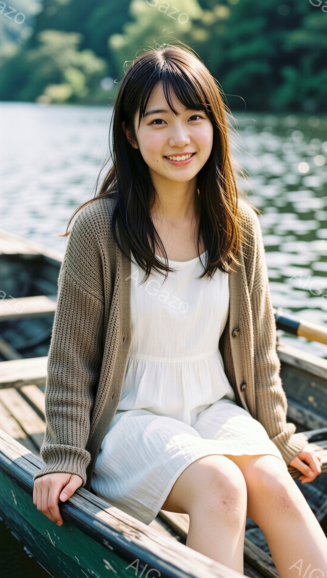 若い女性がボートの中に座っており、ベージュ色のニットカーディガンと白いワンピースを着ています。彼女は微笑んでおり、長い茶色の髪は肩にかかっています。背景には水面と緑豊かな木々が見え、穏やかで平和な雰囲 - AI生成フリー素材