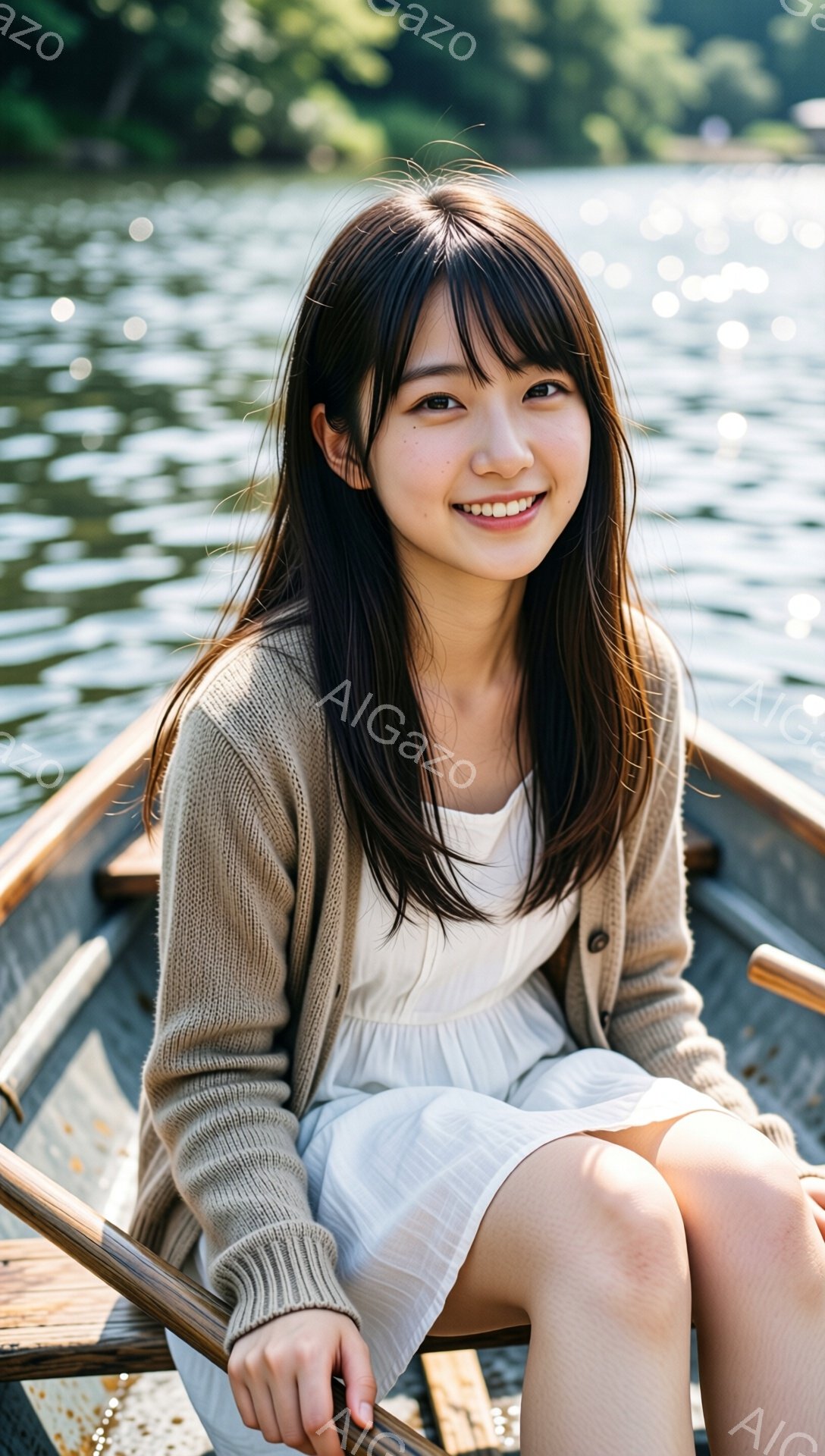 長い黒髪をセンターパートにした若い女性が、ボートの中に座っています。ベージュ色のカーディガンを羽織り、白いワンピースを着ています。彼女は微笑んでおり、背景には水面がキラキラと輝く穏やかな湖が広がってい - AI生成フリー素材