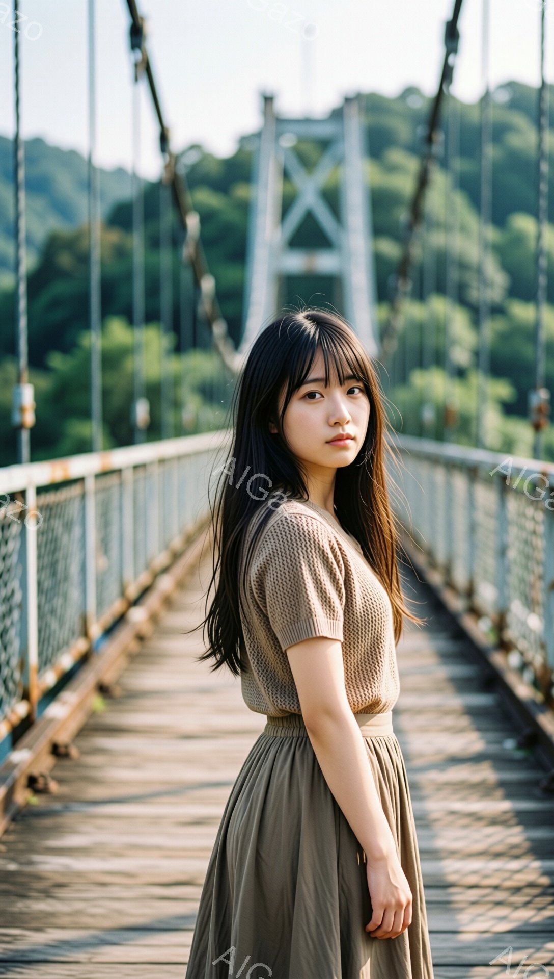 長い黒髪で前髪が目の上にかかる女性が、木製の吊り橋の上に立っている。ベージュのニットトップスとスカートを身につけ、少し微笑んだ表情でこちらを見ている。背景は緑豊かな木々で、吊り橋が自然の中に溶け込み、穏やかで少しノスタルジックな雰囲気である。