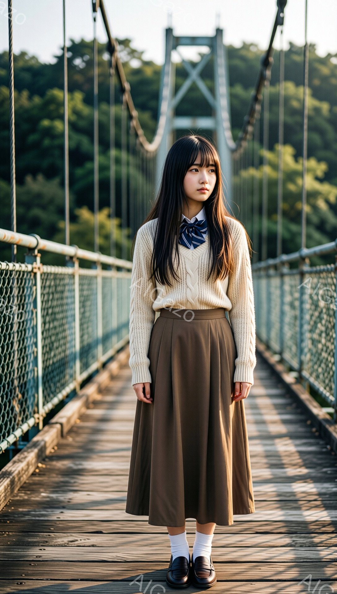 長い黒髪をセンターパートにした女性が、木製の吊り橋の中央に立っている。ベージュのケーブルニットセーターと茶色のフレアスカート、白いソックスと黒のローファーを着用し、首元にはネイビーのネクタイが結ばれている。背景は緑豊かな木々に囲まれ、晴天で穏やかな雰囲気を醸し出している。