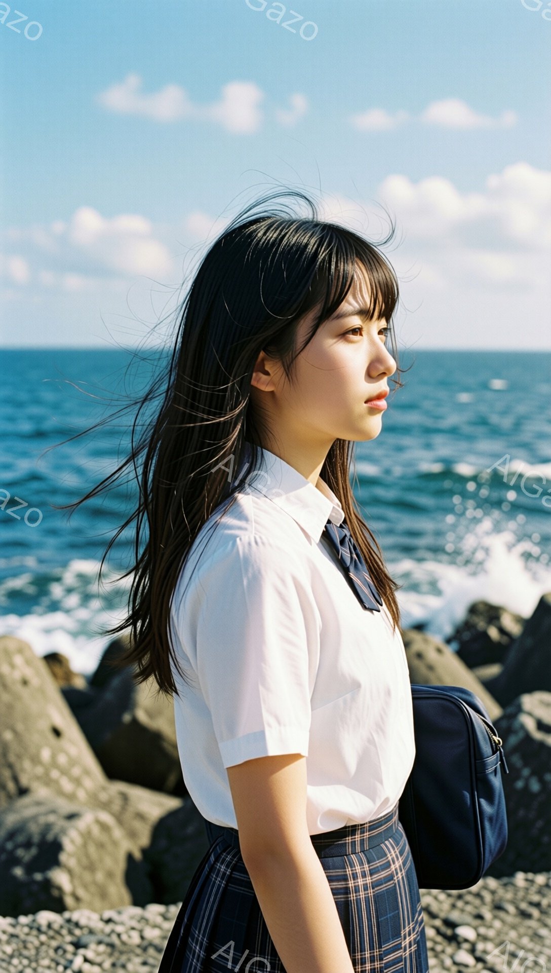 紺色のブレザーとチェック柄のスカート、白いシャツを着た若い女性が、海を背にして横向きに立っています。彼女の黒髪は風に吹かれ、少し憂いのある表情で遠くを見つめています。背景には青い海と岩場が広がり、晴天の下、どこか寂しげでノスタルジックな雰囲気が漂っています。