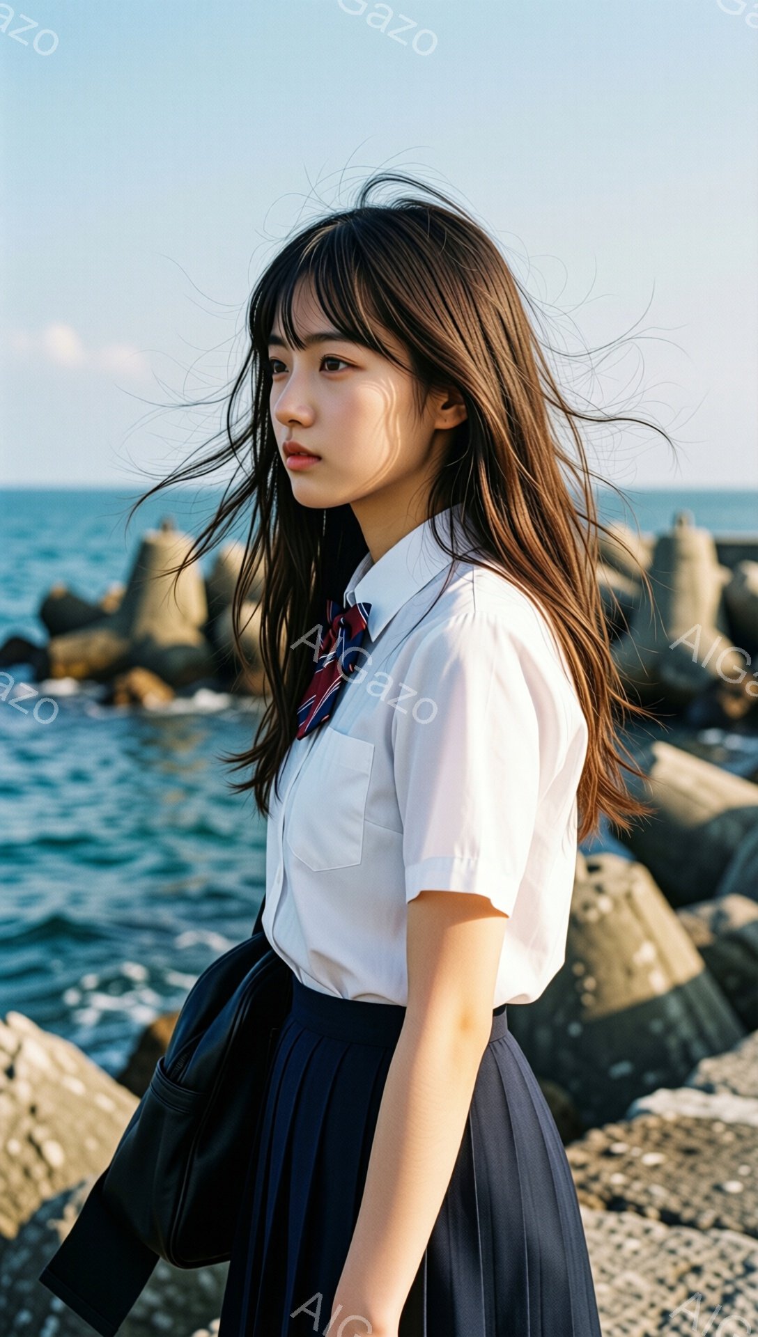 紺色のプリーツスカートと白いシャツを着た若い女性が、風に吹かれる髪を少し横に向けた表情で立っています。彼女は黒い肩掛けバッグを持ち、表情は物憂げで、どこか遠くを見つめています。背景には、コンクリートの防波堤と穏やかな青い海が広がり、少し寂しげでノスタルジックな雰囲気を醸し出しています。